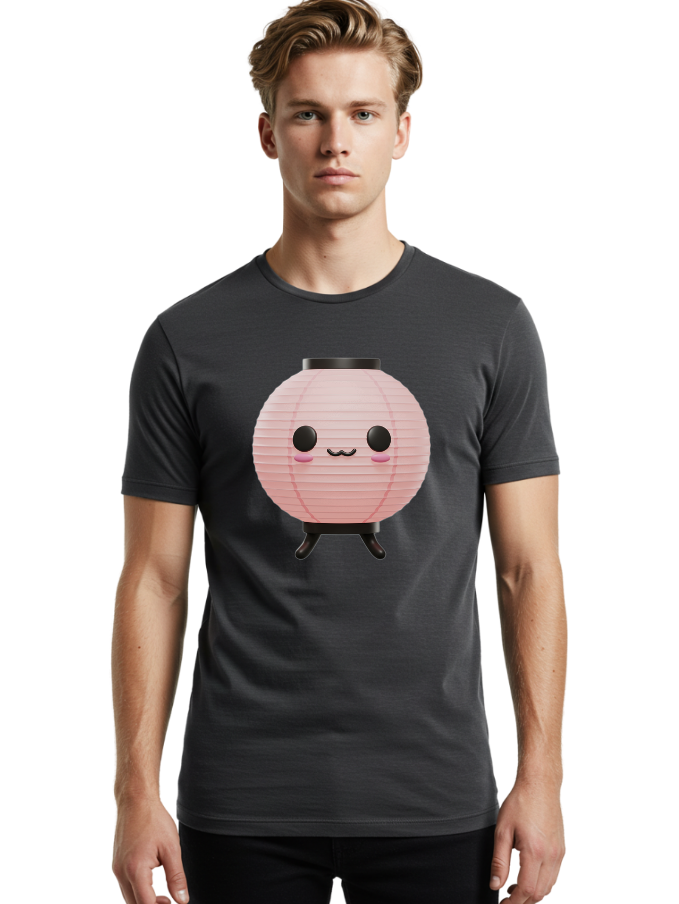 Pink-Paper-Lantern Men'S Graphic Tee, 100% Cotton, Comfortable Casual Summer Wear, Machine Washable, Pink Paper Lantern, Cute Character, Kawaii Culture, Cartoon Style, Smiling Face, Rosy Cheeks, Round Eyes, Black Stand, Kawaii Aesthetic, Bad436