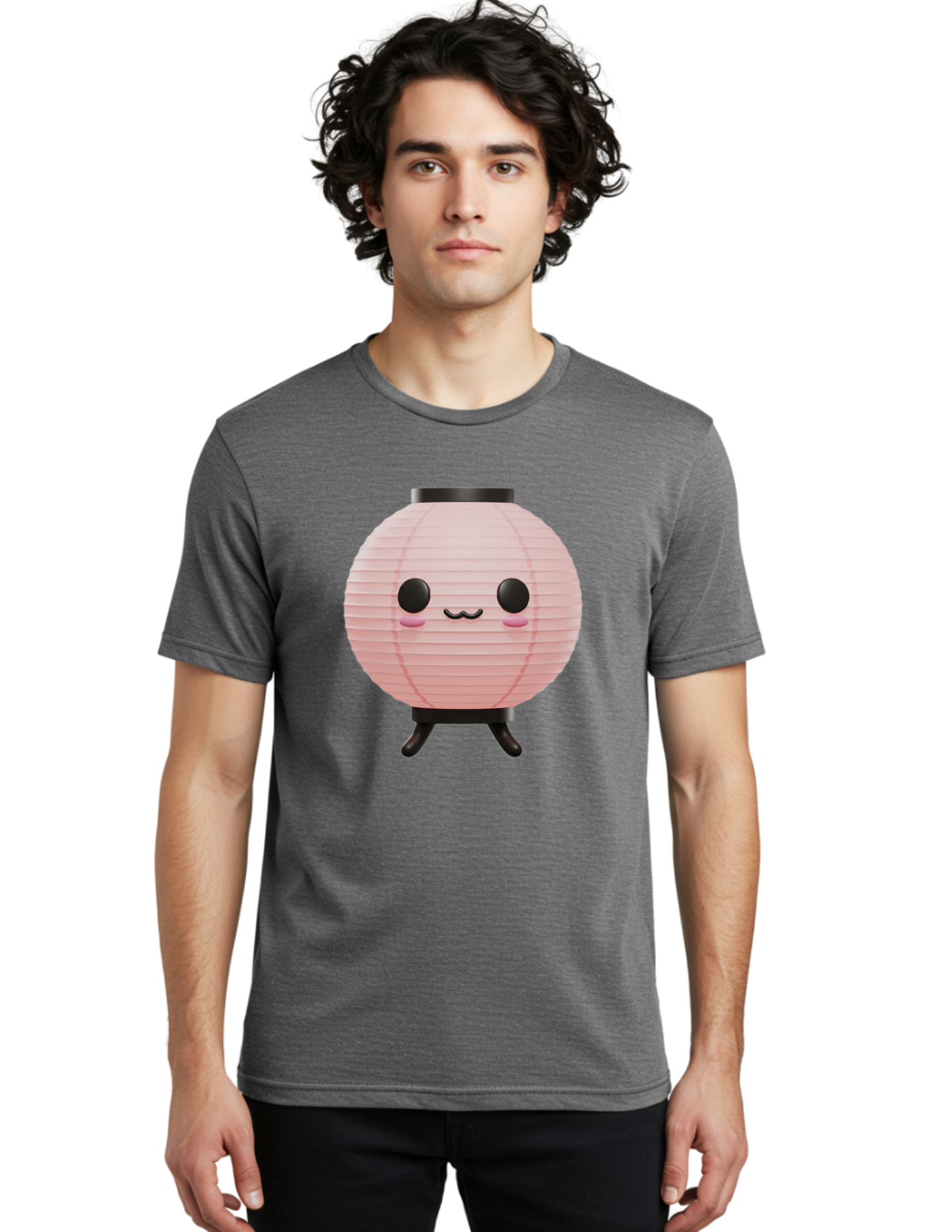 Pink-Paper-Lantern Men'S Graphic Tee, 100% Cotton, Comfortable Casual Summer Wear, Machine Washable, Pink Paper Lantern, Cute Character, Kawaii Culture, Cartoon Style, Smiling Face, Rosy Cheeks, Round Eyes, Black Stand, Kawaii Aesthetic, Bad436