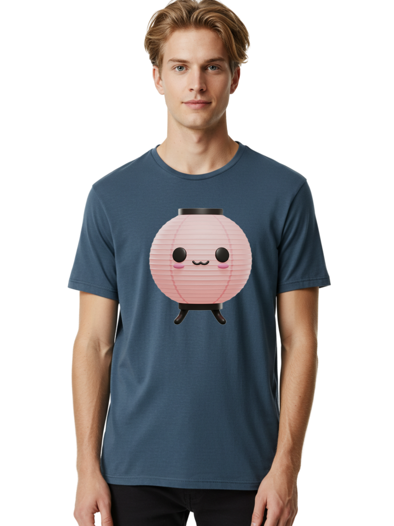 Pink-Paper-Lantern Men'S Graphic Tee, 100% Cotton, Comfortable Casual Summer Wear, Machine Washable, Pink Paper Lantern, Cute Character, Kawaii Culture, Cartoon Style, Smiling Face, Rosy Cheeks, Round Eyes, Black Stand, Kawaii Aesthetic, Bad436