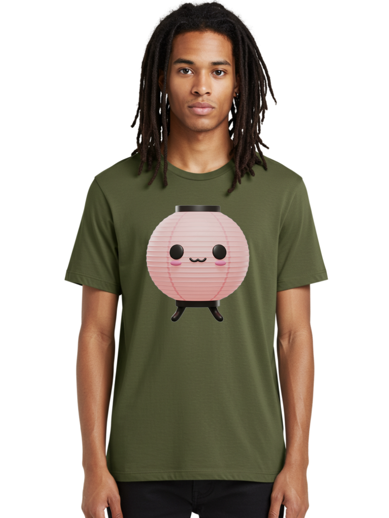 Pink-Paper-Lantern Men'S Graphic Tee, 100% Cotton, Comfortable Casual Summer Wear, Machine Washable, Pink Paper Lantern, Cute Character, Kawaii Culture, Cartoon Style, Smiling Face, Rosy Cheeks, Round Eyes, Black Stand, Kawaii Aesthetic, Bad436