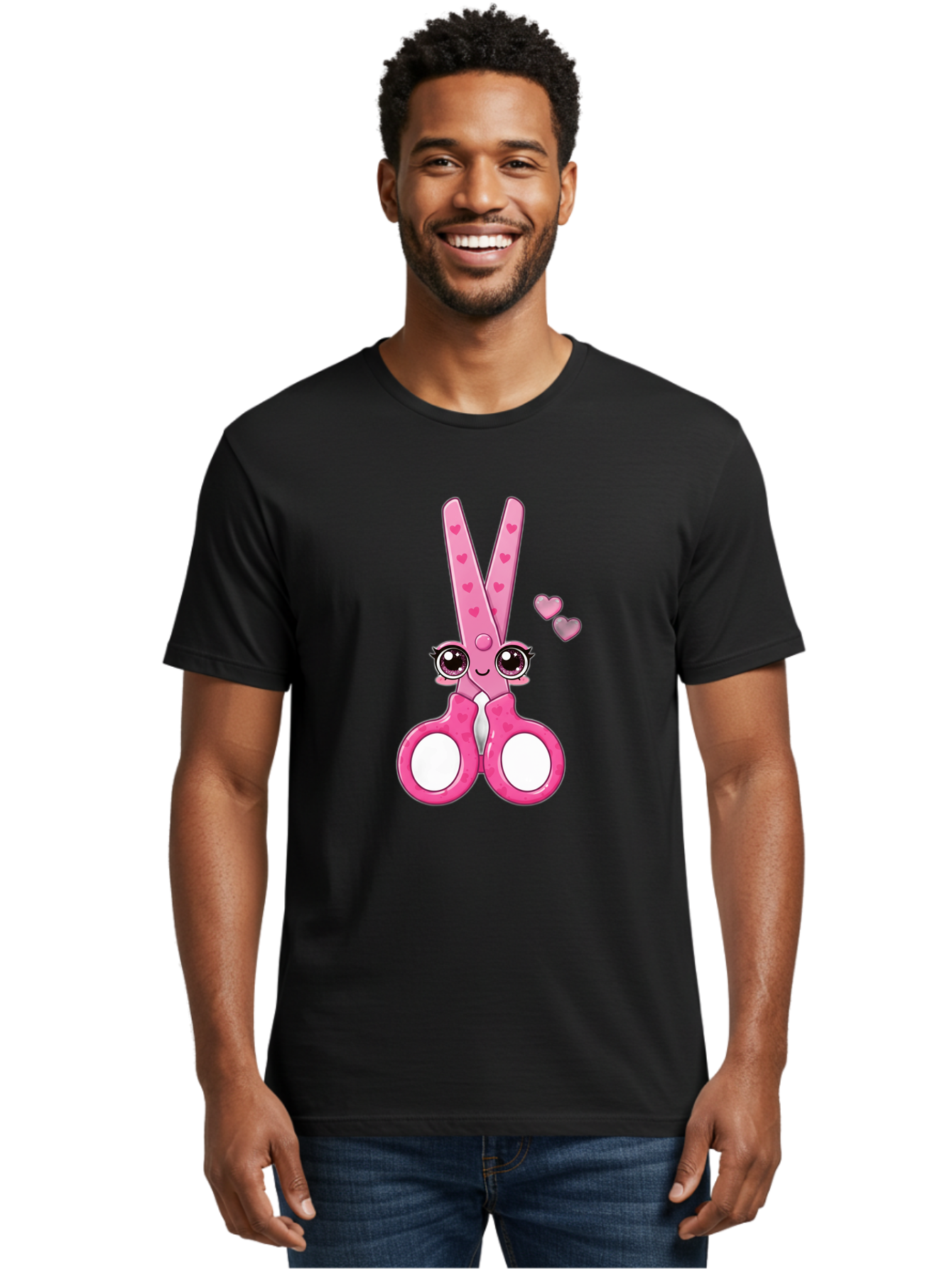 Pink-Scissors Men'S Graphic Tee, 100% Cotton, Comfortable Casual Summer Wear, Machine Washable, Pink Scissors With Hearts, Cute Cartoon Character, Playful Design, Fun Illustration, Office Supplies, Crafting Tools, Heart-Themed Decor, Bad437