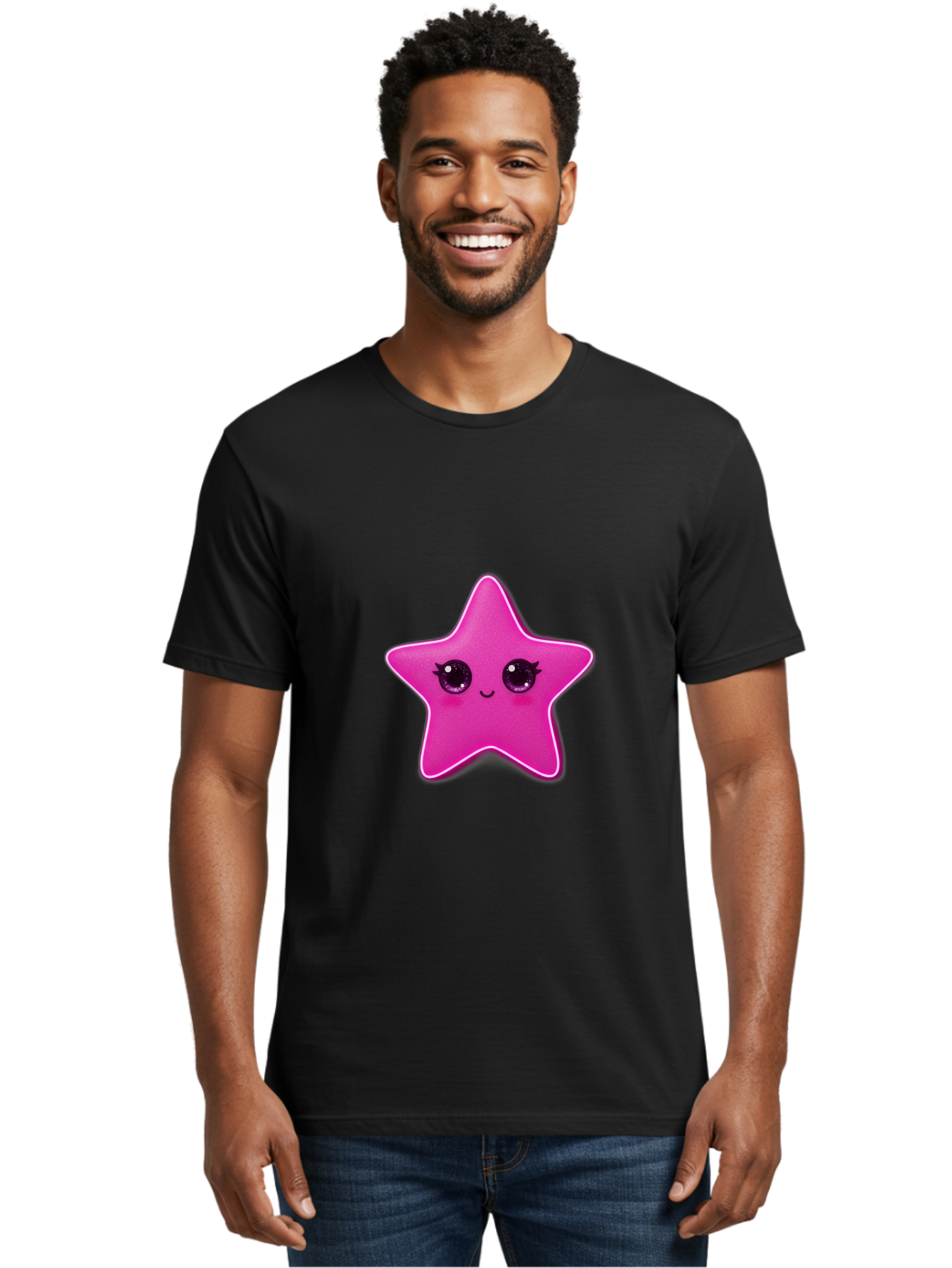 Pink-Star Men'S Graphic Tee, 100% Cotton, Comfortable Casual Summer Wear, Machine Washable, Pink Star, Cute Face, Cartoon Character, Kawaii Design, Sparkly Eyes, Sweet Expression, Whimsical Illustration, Feminine Charm, Playful Graphics Bad438