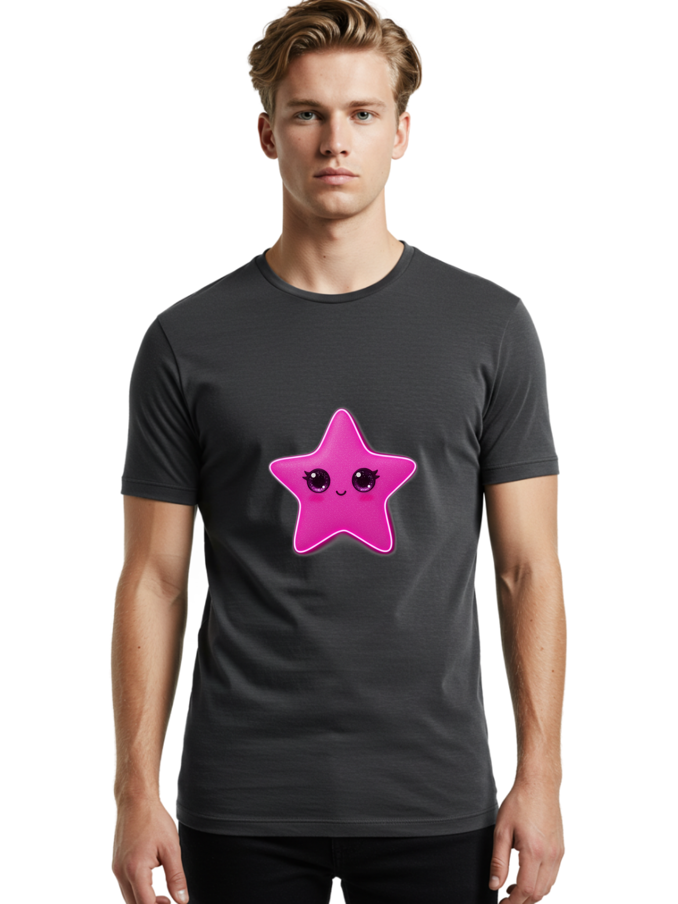 Pink-Star Men'S Graphic Tee, 100% Cotton, Comfortable Casual Summer Wear, Machine Washable, Pink Star, Cute Face, Cartoon Character, Kawaii Design, Sparkly Eyes, Sweet Expression, Whimsical Illustration, Feminine Charm, Playful Graphics Bad438