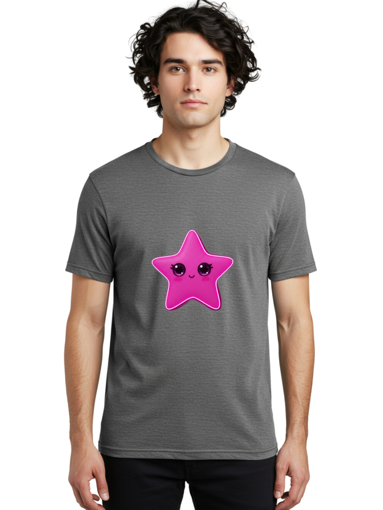 Pink-Star Men'S Graphic Tee, 100% Cotton, Comfortable Casual Summer Wear, Machine Washable, Pink Star, Cute Face, Cartoon Character, Kawaii Design, Sparkly Eyes, Sweet Expression, Whimsical Illustration, Feminine Charm, Playful Graphics Bad438