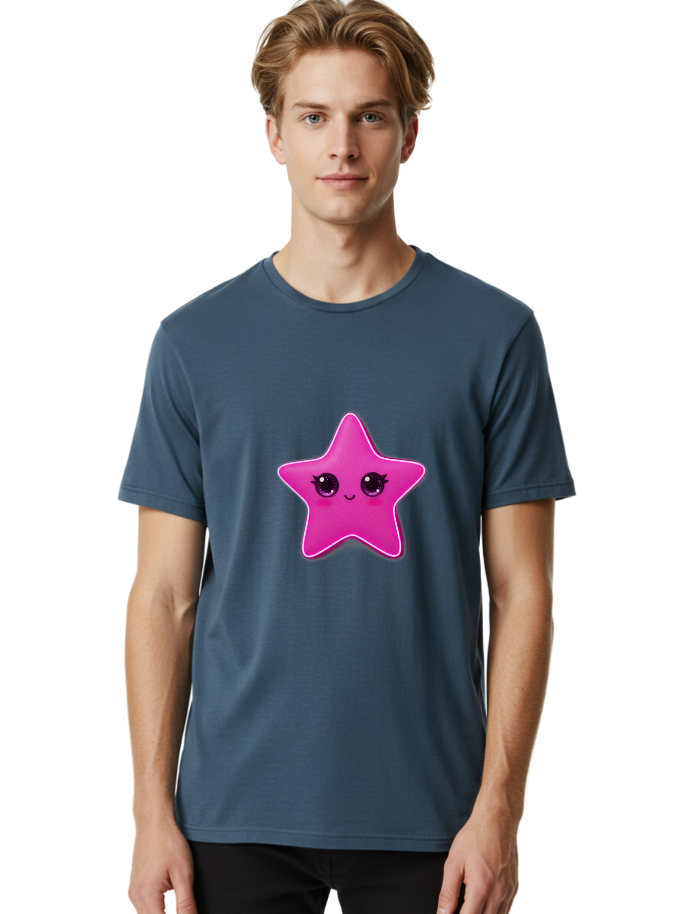 Pink-Star Men'S Graphic Tee, 100% Cotton, Comfortable Casual Summer Wear, Machine Washable, Pink Star, Cute Face, Cartoon Character, Kawaii Design, Sparkly Eyes, Sweet Expression, Whimsical Illustration, Feminine Charm, Playful Graphics Bad438