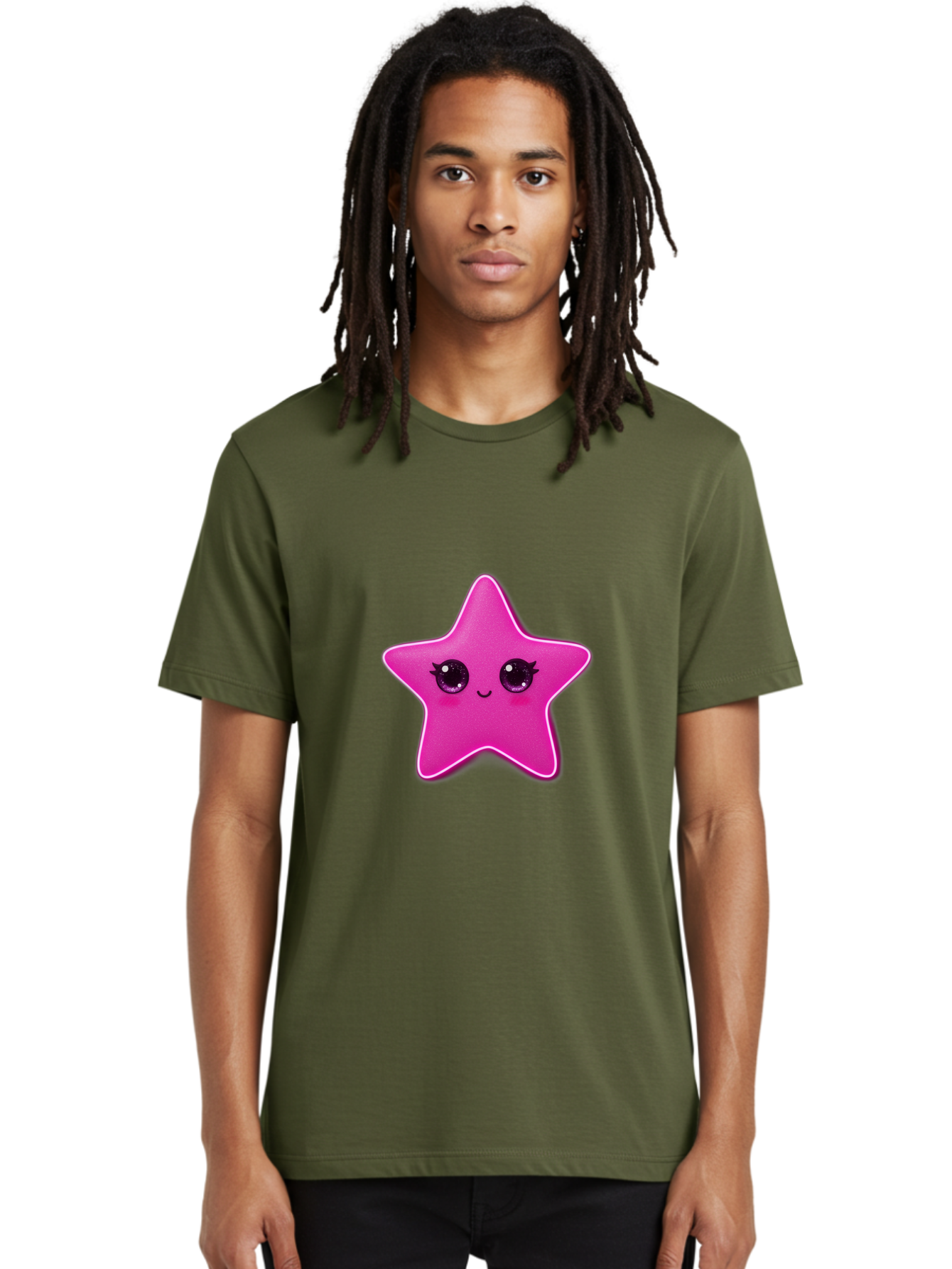 Pink-Star Men'S Graphic Tee, 100% Cotton, Comfortable Casual Summer Wear, Machine Washable, Pink Star, Cute Face, Cartoon Character, Kawaii Design, Sparkly Eyes, Sweet Expression, Whimsical Illustration, Feminine Charm, Playful Graphics Bad438