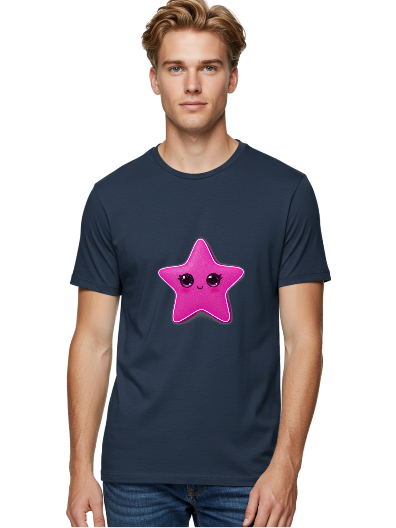 Pink-Star Men'S Graphic Tee, 100% Cotton, Comfortable Casual Summer Wear, Machine Washable, Pink Star, Cute Face, Cartoon Character, Kawaii Design, Sparkly Eyes, Sweet Expression, Whimsical Illustration, Feminine Charm, Playful Graphics Bad438