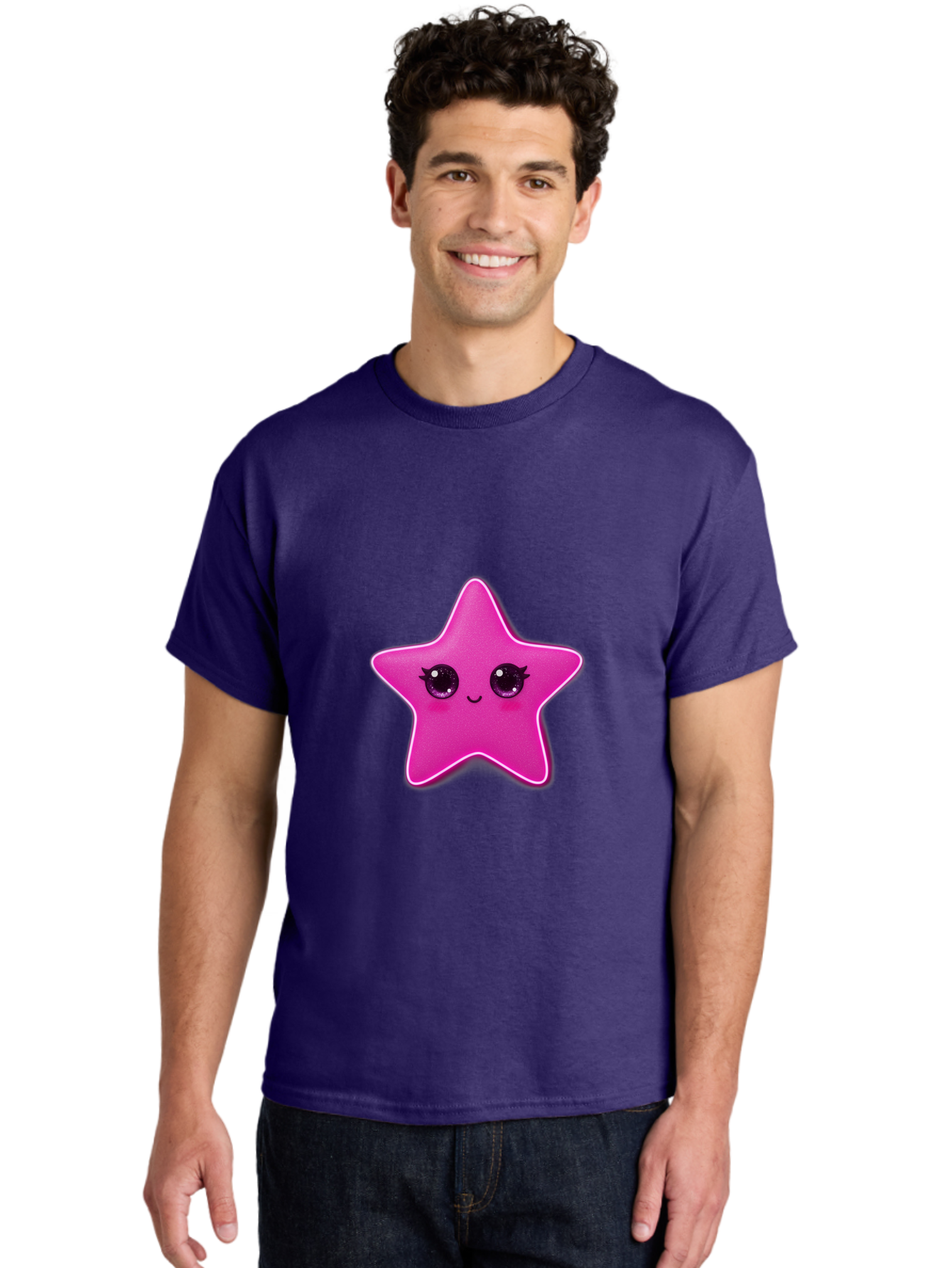 Pink-Star Men'S Graphic Tee, 100% Cotton, Comfortable Casual Summer Wear, Machine Washable, Pink Star, Cute Face, Cartoon Character, Kawaii Design, Sparkly Eyes, Sweet Expression, Whimsical Illustration, Feminine Charm, Playful Graphics Bad438