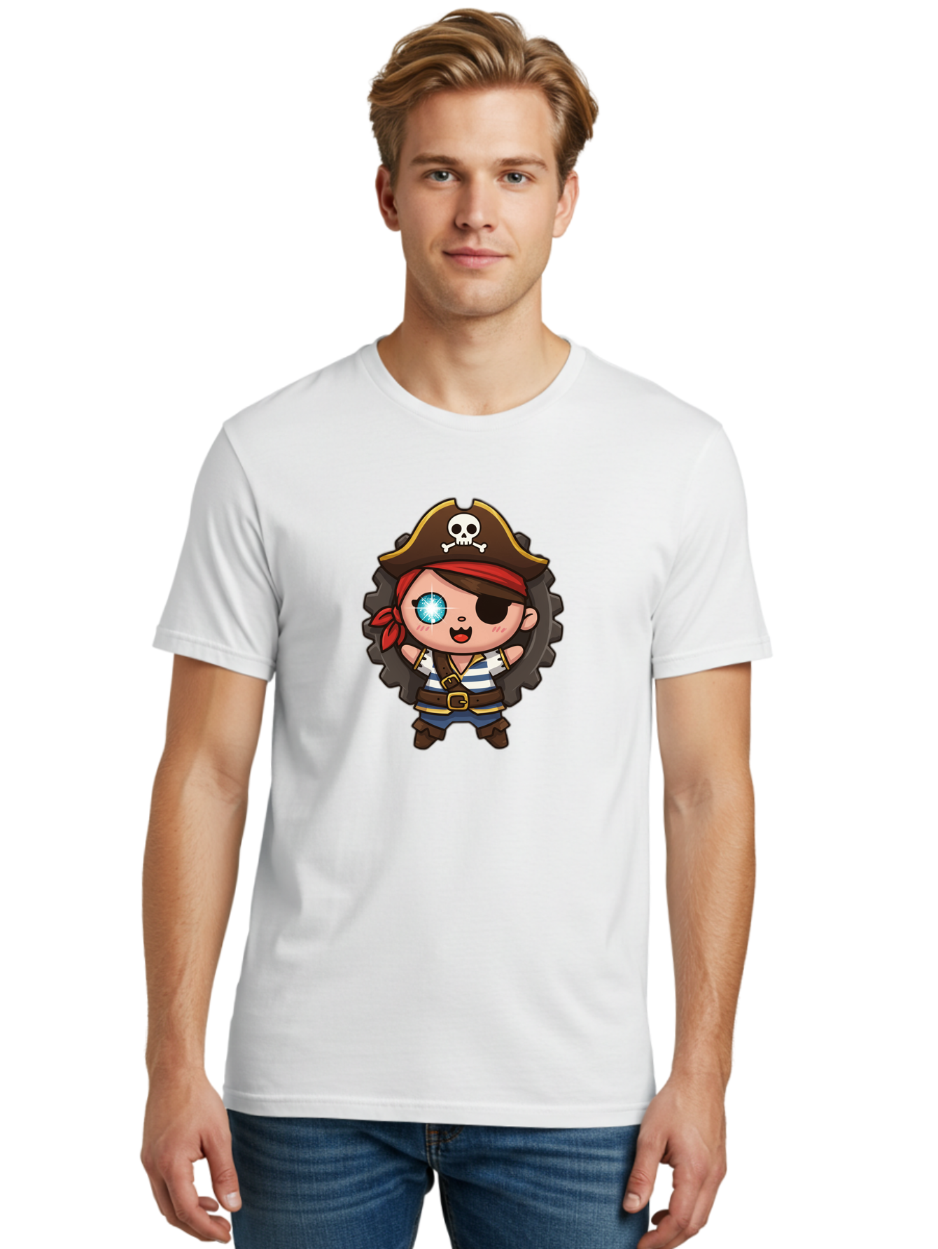 Pirate-Girl Men'S Graphic Tee, 100% Cotton, Comfortable Casual Summer Wear, Machine Washable, Cartoon Pirate Girl, Pirate Costume, Eye Patch, Pirate Hat, Skull And Crossbones, Treasure Hunt, Swashbuckling Adventure, Kawaii Pirate, Bad440