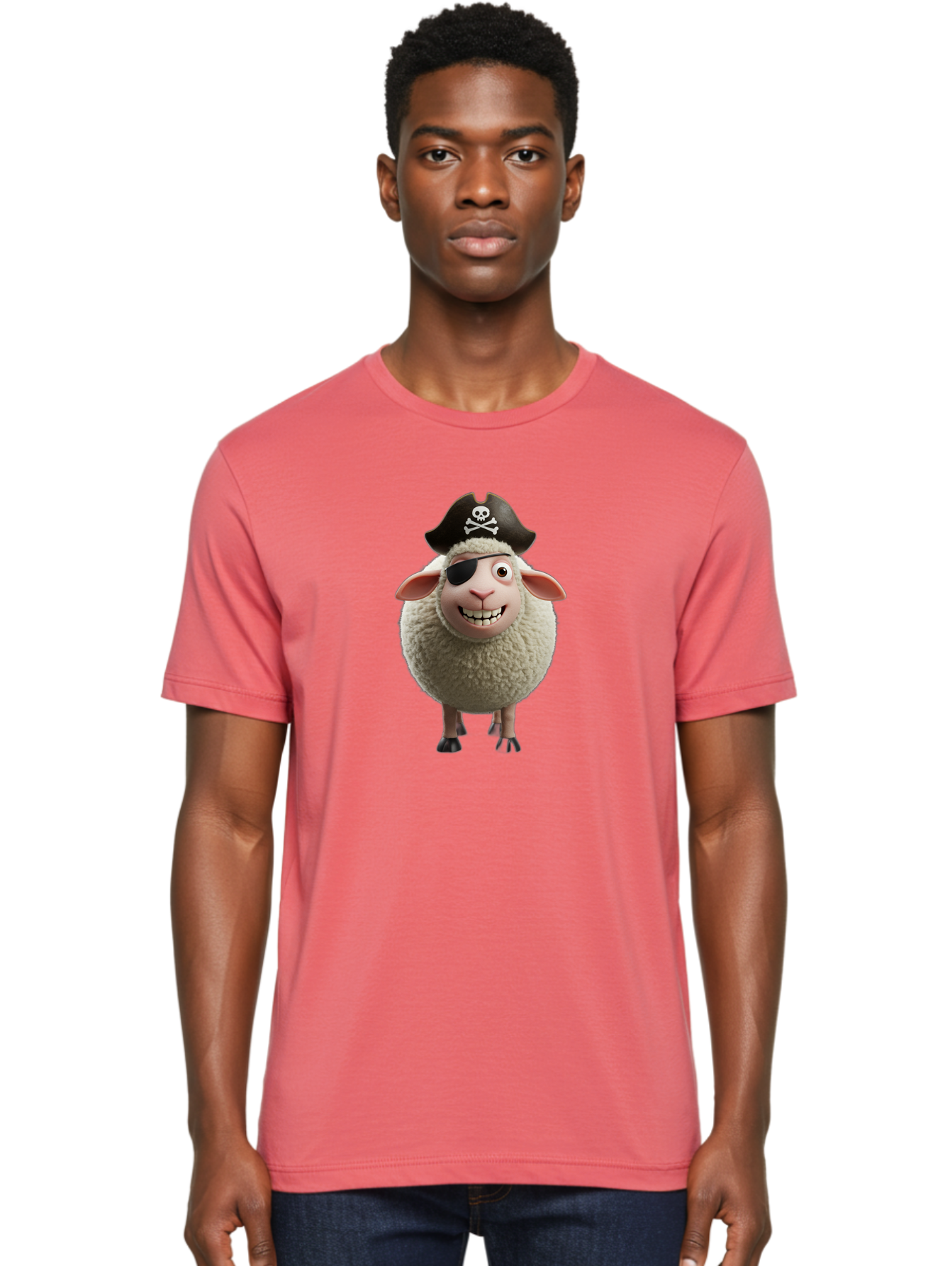 Pirate-Sheep Men'S Graphic Tee, 100% Cotton, Comfortable Casual Summer Wear, Machine Washable, Cartoon Sheep, Pirate Costume, Eye Patch, Skull And Crossbones Hat, Fluffy Sheep, Playful Character, Animated Animal, Pirate Sheep Character, Bad441