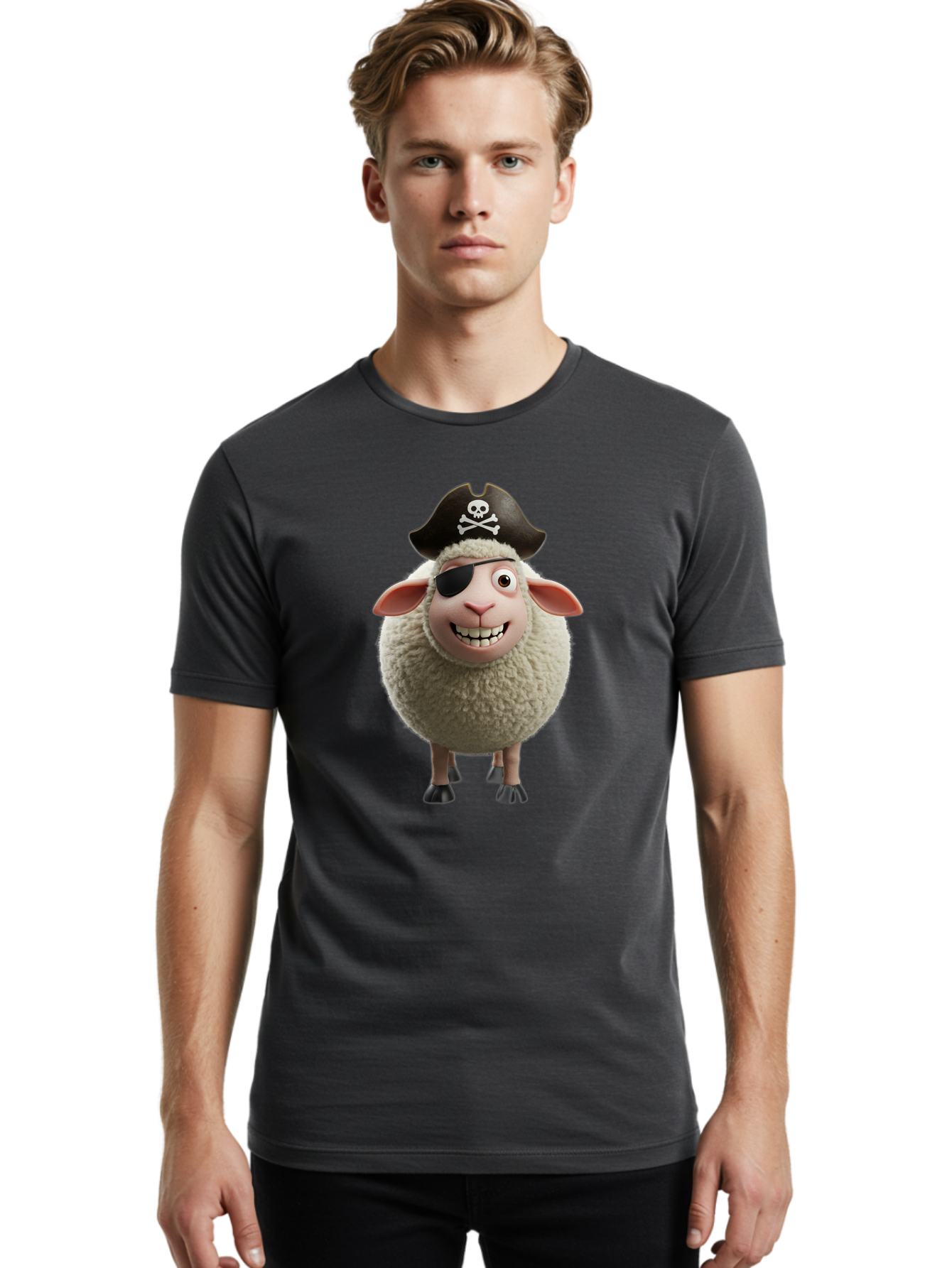 Pirate-Sheep Men'S Graphic Tee, 100% Cotton, Comfortable Casual Summer Wear, Machine Washable, Cartoon Sheep, Pirate Costume, Eye Patch, Skull And Crossbones Hat, Fluffy Sheep, Playful Character, Animated Animal, Pirate Sheep Character, Bad441