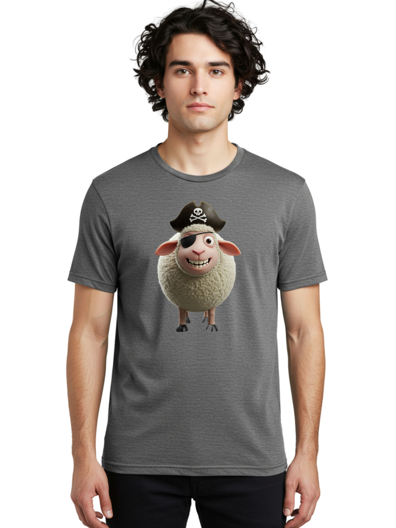 Pirate-Sheep Men'S Graphic Tee, 100% Cotton, Comfortable Casual Summer Wear, Machine Washable, Cartoon Sheep, Pirate Costume, Eye Patch, Skull And Crossbones Hat, Fluffy Sheep, Playful Character, Animated Animal, Pirate Sheep Character, Bad441