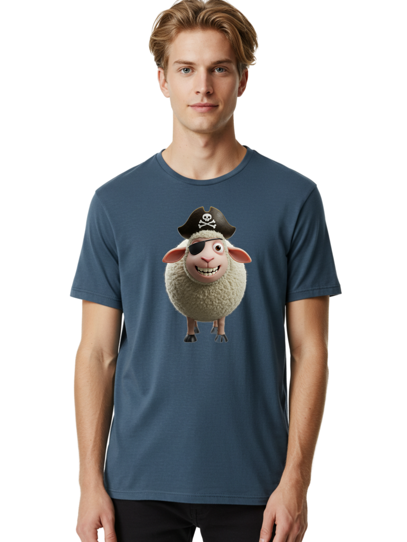 Pirate-Sheep Men'S Graphic Tee, 100% Cotton, Comfortable Casual Summer Wear, Machine Washable, Cartoon Sheep, Pirate Costume, Eye Patch, Skull And Crossbones Hat, Fluffy Sheep, Playful Character, Animated Animal, Pirate Sheep Character, Bad441
