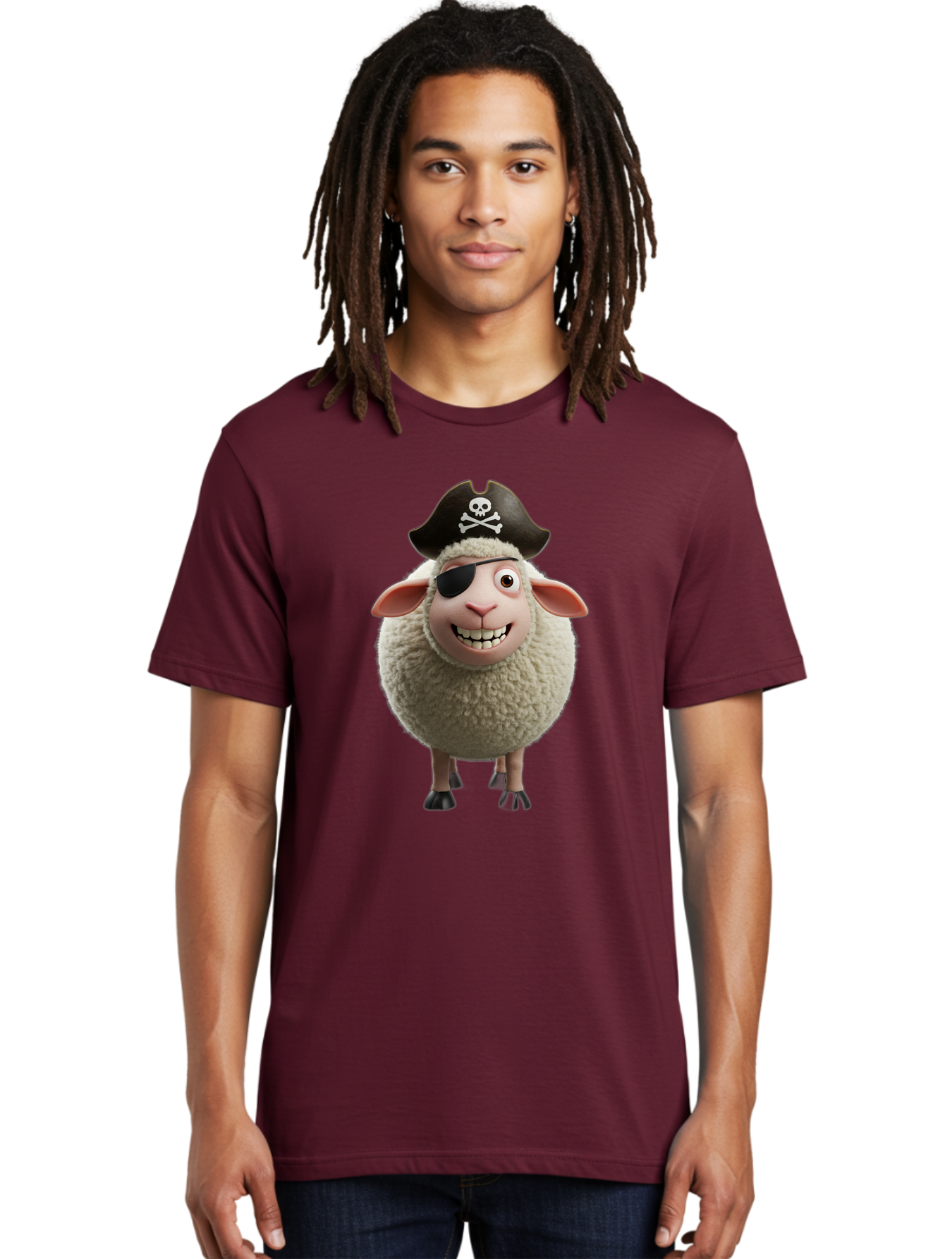Pirate-Sheep Men'S Graphic Tee, 100% Cotton, Comfortable Casual Summer Wear, Machine Washable, Cartoon Sheep, Pirate Costume, Eye Patch, Skull And Crossbones Hat, Fluffy Sheep, Playful Character, Animated Animal, Pirate Sheep Character, Bad441