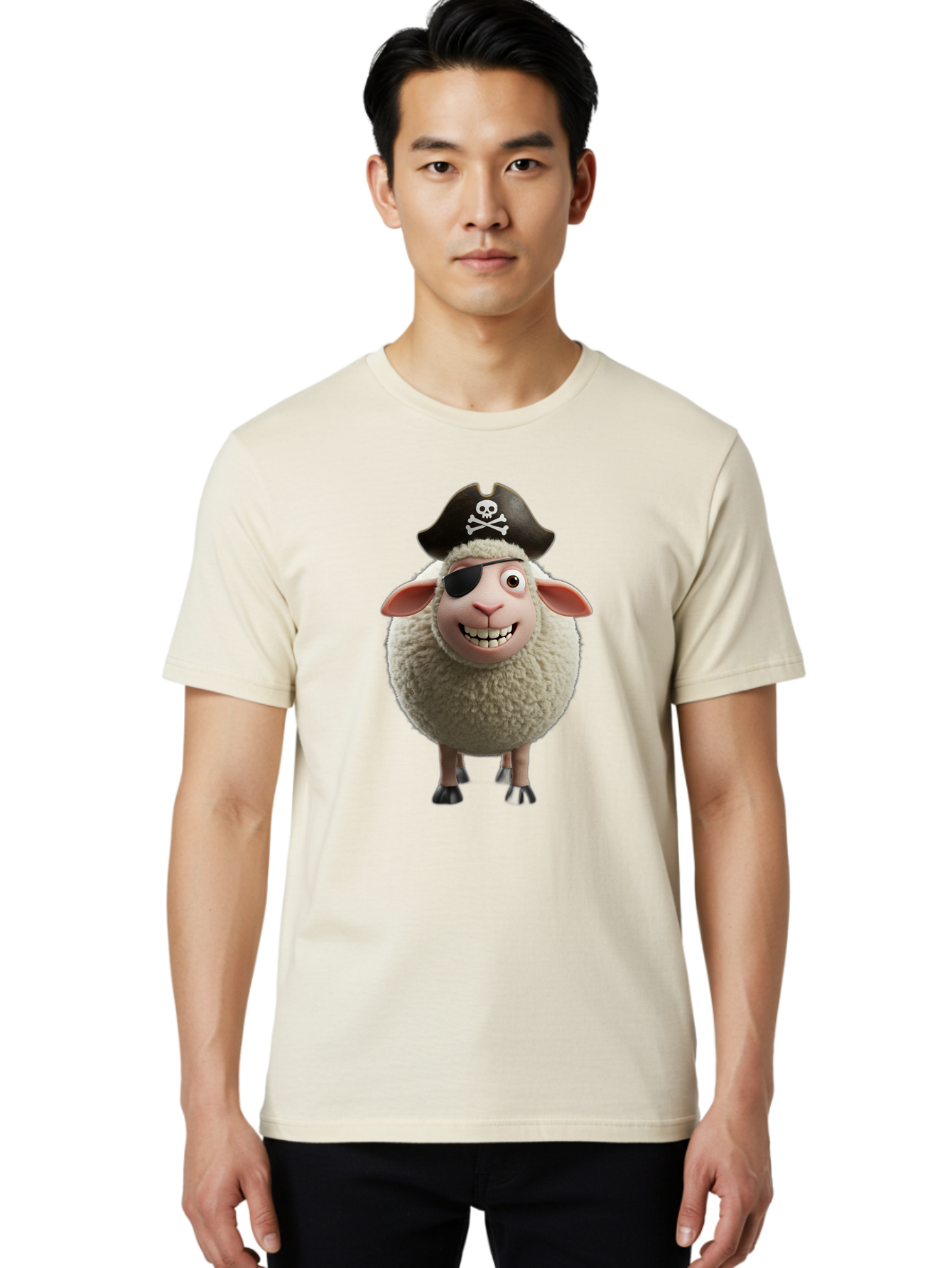 Pirate-Sheep Men'S Graphic Tee, 100% Cotton, Comfortable Casual Summer Wear, Machine Washable, Cartoon Sheep, Pirate Costume, Eye Patch, Skull And Crossbones Hat, Fluffy Sheep, Playful Character, Animated Animal, Pirate Sheep Character, Bad441