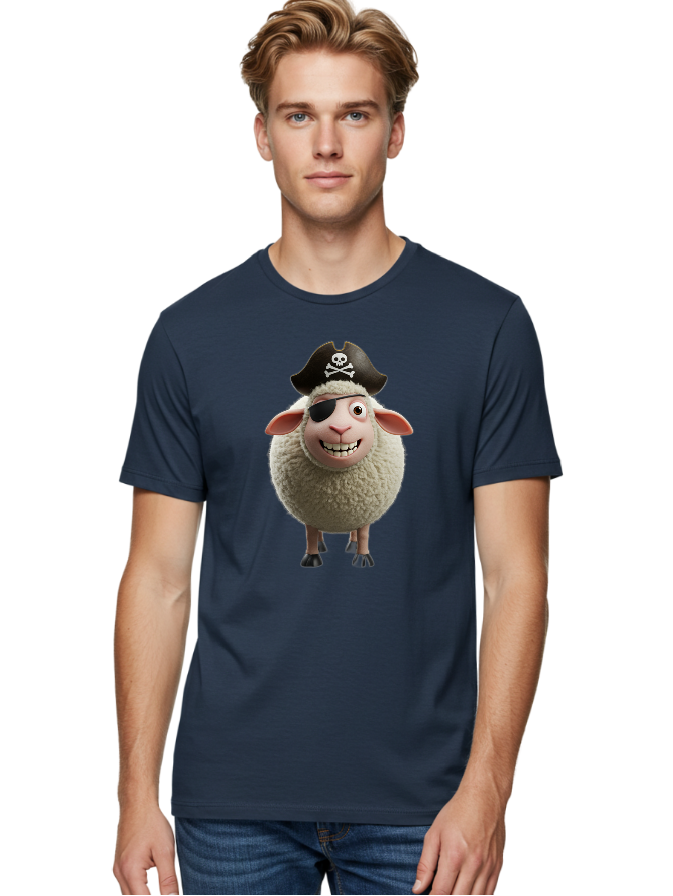 Pirate-Sheep Men'S Graphic Tee, 100% Cotton, Comfortable Casual Summer Wear, Machine Washable, Cartoon Sheep, Pirate Costume, Eye Patch, Skull And Crossbones Hat, Fluffy Sheep, Playful Character, Animated Animal, Pirate Sheep Character, Bad441