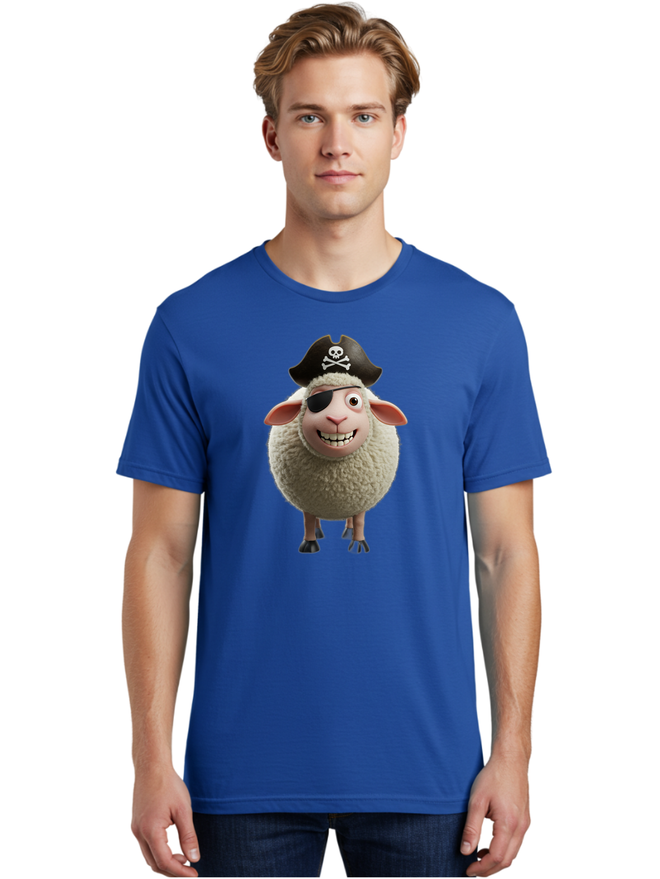 Pirate-Sheep Men'S Graphic Tee, 100% Cotton, Comfortable Casual Summer Wear, Machine Washable, Cartoon Sheep, Pirate Costume, Eye Patch, Skull And Crossbones Hat, Fluffy Sheep, Playful Character, Animated Animal, Pirate Sheep Character, Bad441