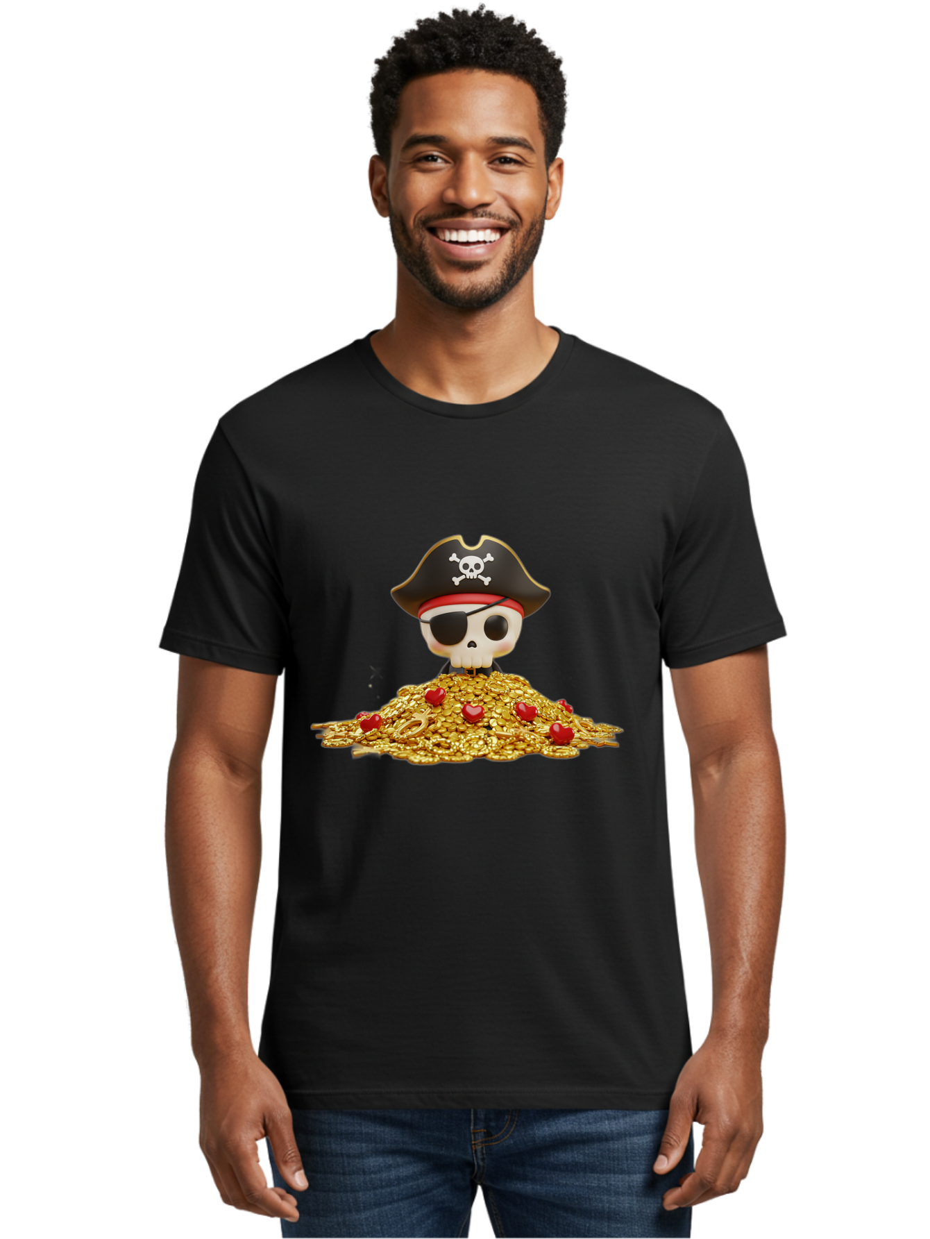 Pirate-Skull Men'S Graphic Tee, 100% Cotton, Comfortable Casual Summer Wear, Machine Washable, Pirate Skull, Treasure Pile, Gold Coins, Jewels, Eye Patch, Pirate Hat, Skull And Crossbones, Pirate Booty, Swashbuckling Adventure, Treasure Hunt, Bad442