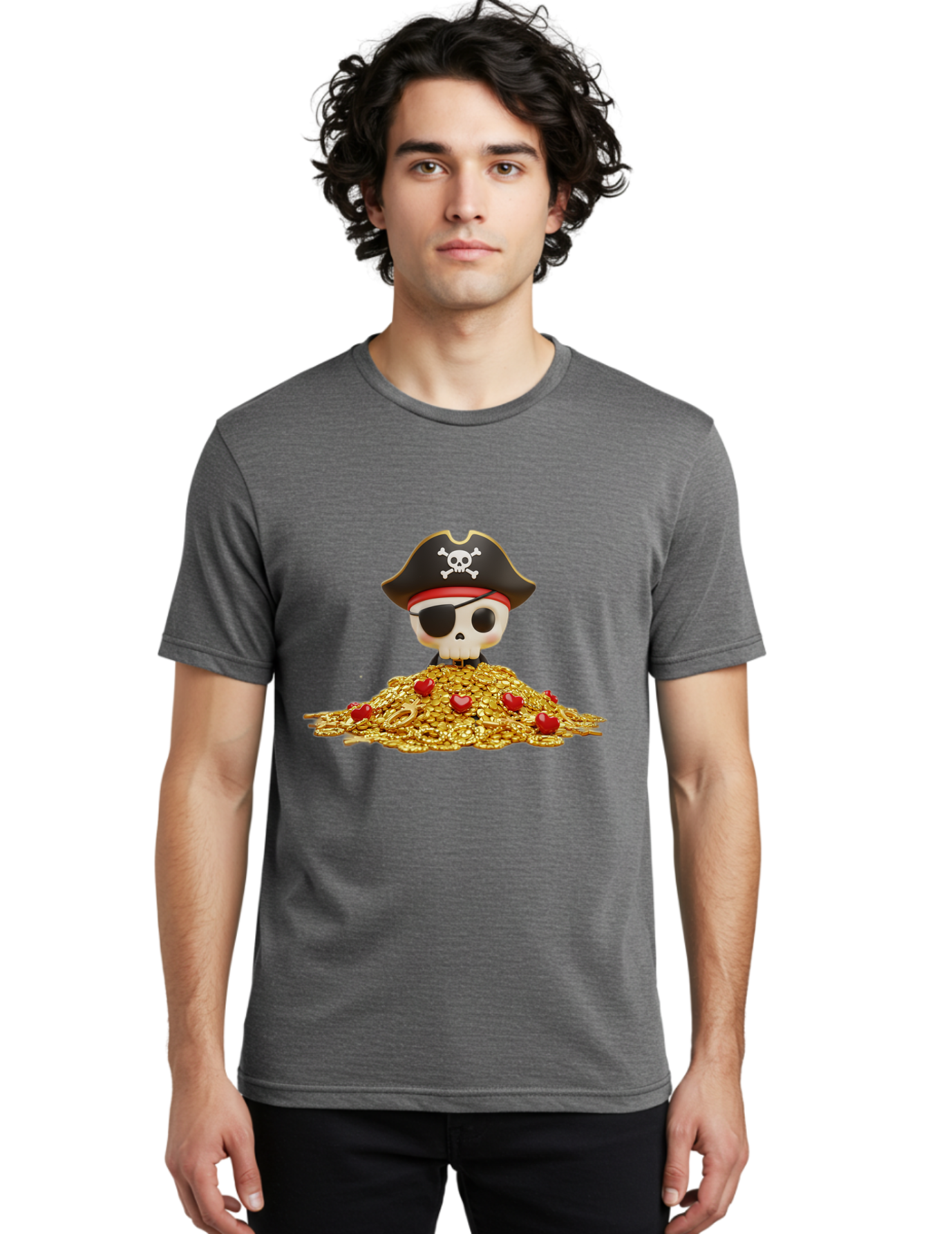 Pirate-Skull Men'S Graphic Tee, 100% Cotton, Comfortable Casual Summer Wear, Machine Washable, Pirate Skull, Treasure Pile, Gold Coins, Jewels, Eye Patch, Pirate Hat, Skull And Crossbones, Pirate Booty, Swashbuckling Adventure, Treasure Hunt, Bad442