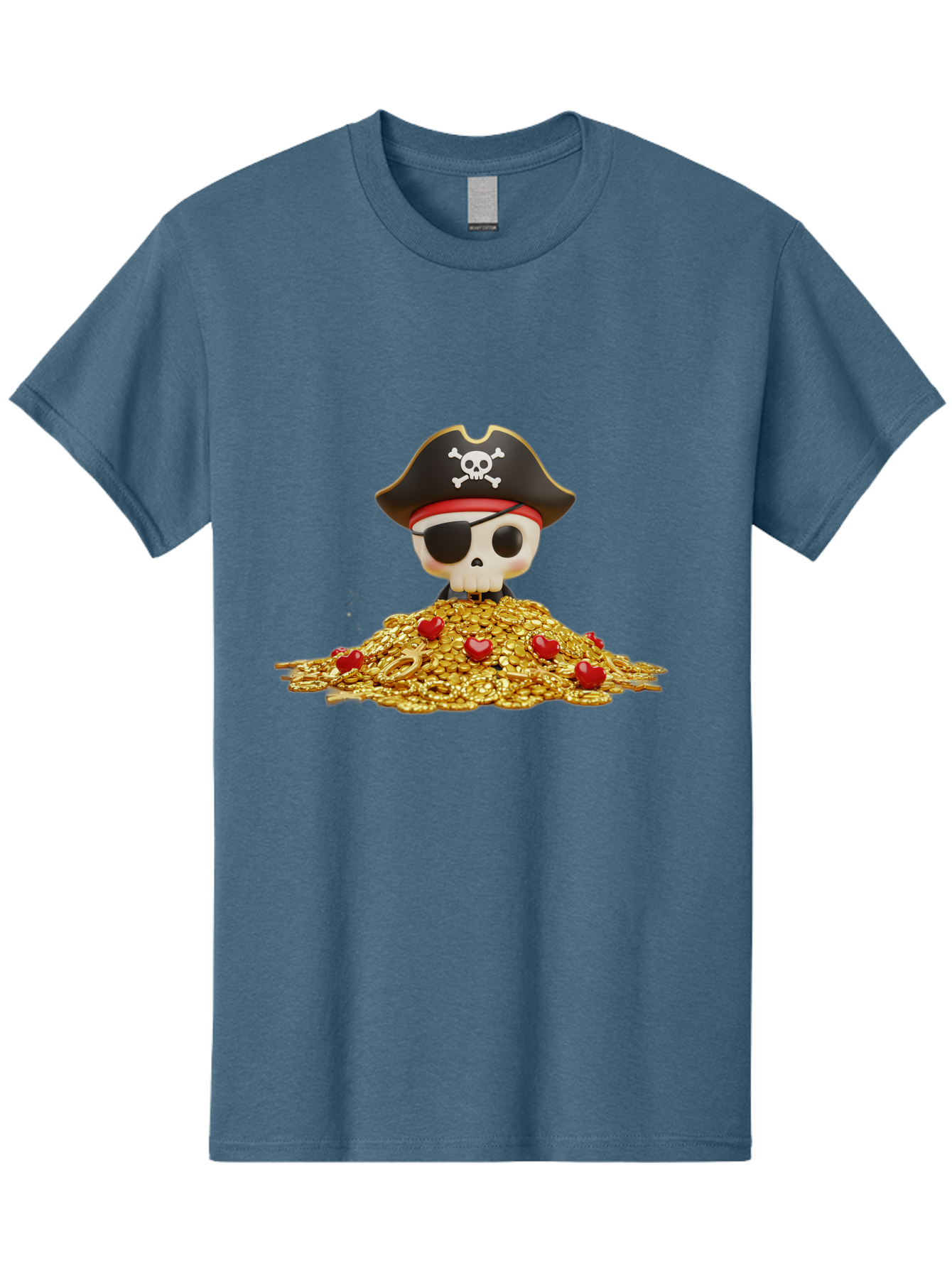 Pirate-Skull Men'S Graphic Tee, 100% Cotton, Comfortable Casual Summer Wear, Machine Washable, Pirate Skull, Treasure Pile, Gold Coins, Jewels, Eye Patch, Pirate Hat, Skull And Crossbones, Pirate Booty, Swashbuckling Adventure, Treasure Hunt, Bad442