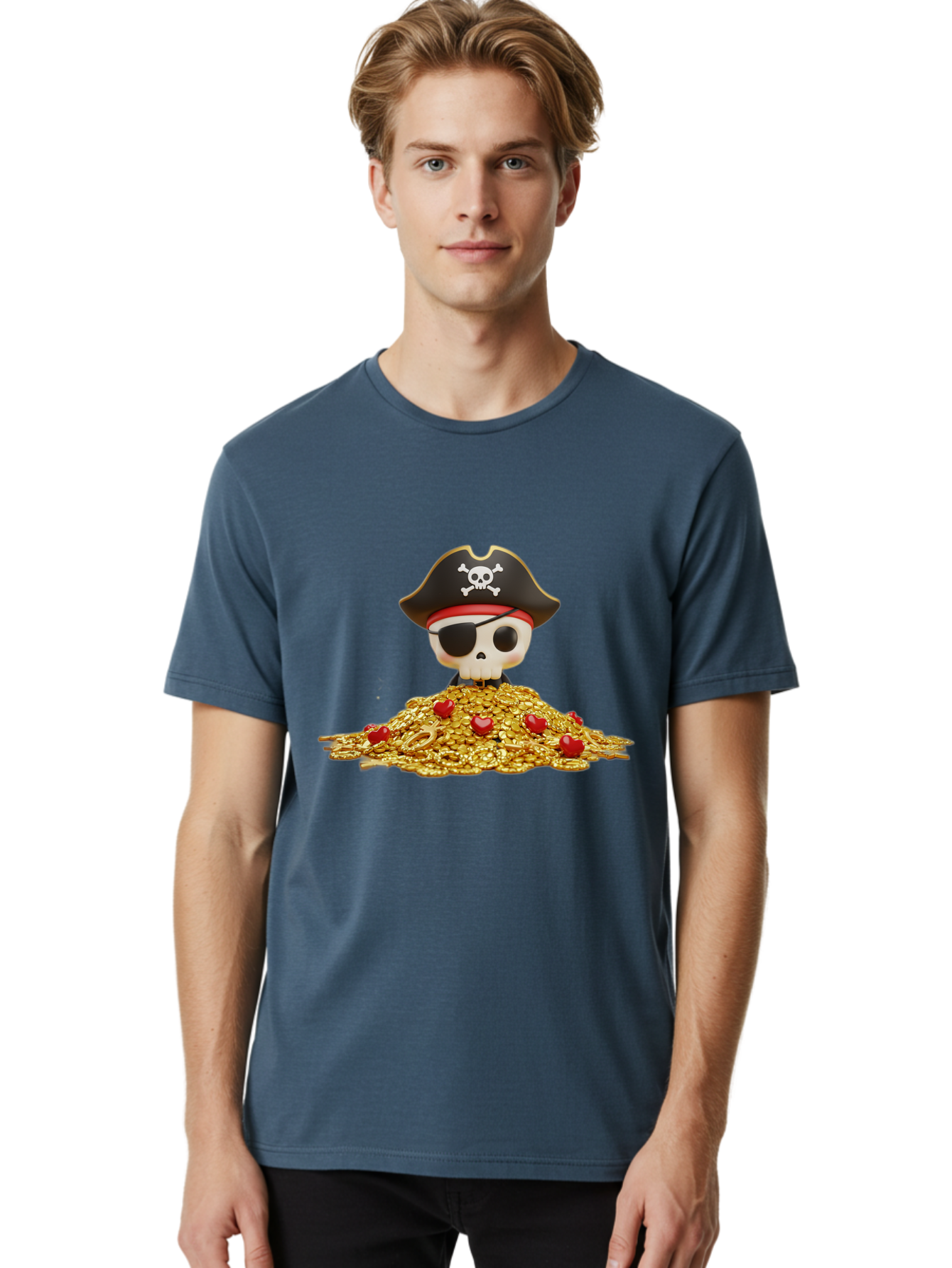 Pirate-Skull Men'S Graphic Tee, 100% Cotton, Comfortable Casual Summer Wear, Machine Washable, Pirate Skull, Treasure Pile, Gold Coins, Jewels, Eye Patch, Pirate Hat, Skull And Crossbones, Pirate Booty, Swashbuckling Adventure, Treasure Hunt, Bad442