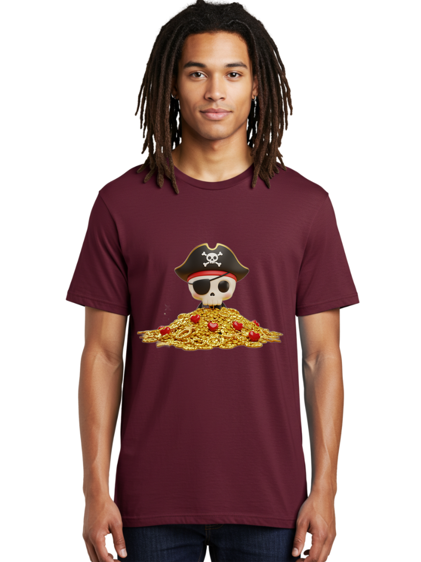 Pirate-Skull Men'S Graphic Tee, 100% Cotton, Comfortable Casual Summer Wear, Machine Washable, Pirate Skull, Treasure Pile, Gold Coins, Jewels, Eye Patch, Pirate Hat, Skull And Crossbones, Pirate Booty, Swashbuckling Adventure, Treasure Hunt, Bad442