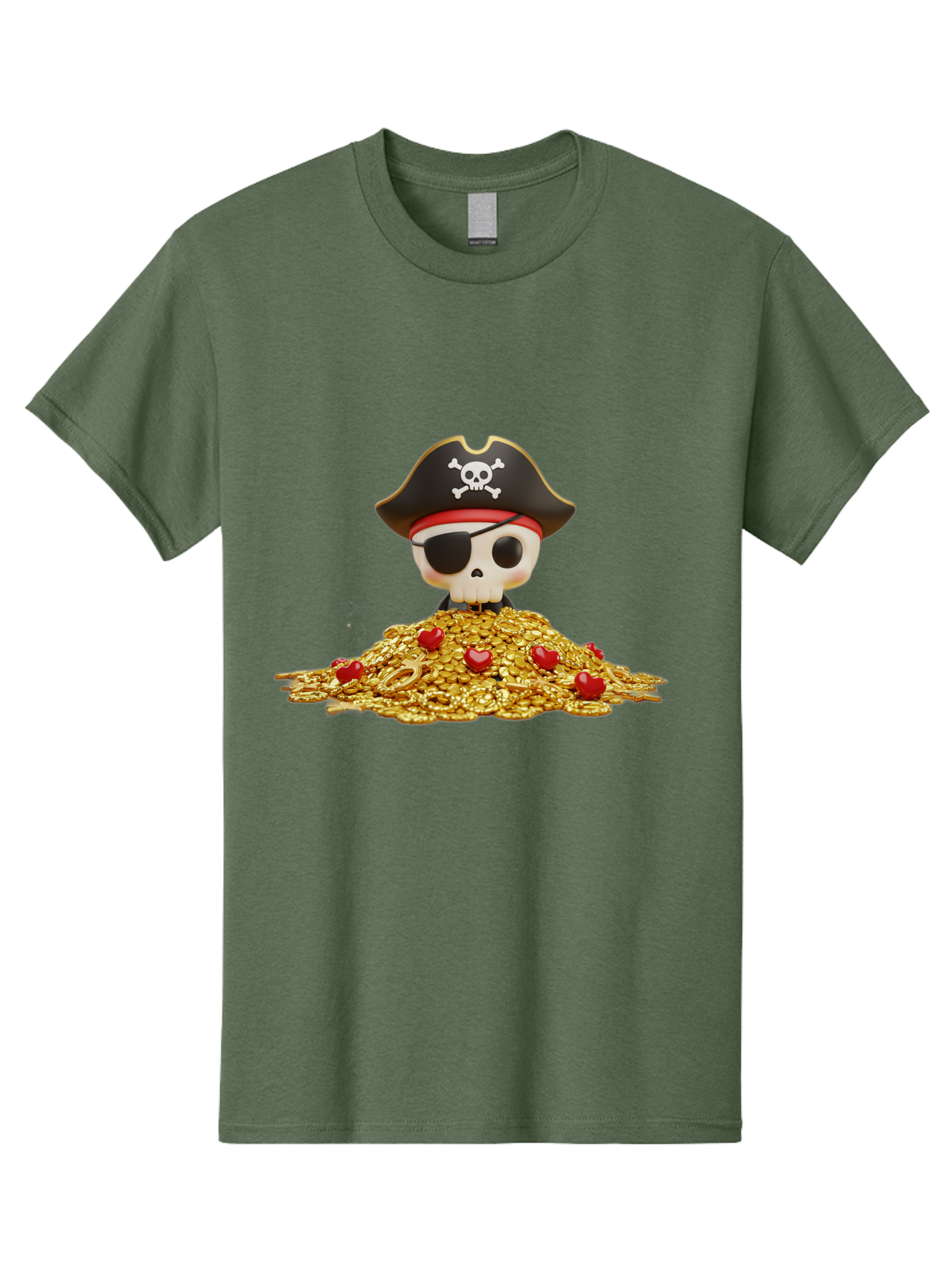 Pirate-Skull Men'S Graphic Tee, 100% Cotton, Comfortable Casual Summer Wear, Machine Washable, Pirate Skull, Treasure Pile, Gold Coins, Jewels, Eye Patch, Pirate Hat, Skull And Crossbones, Pirate Booty, Swashbuckling Adventure, Treasure Hunt, Bad442