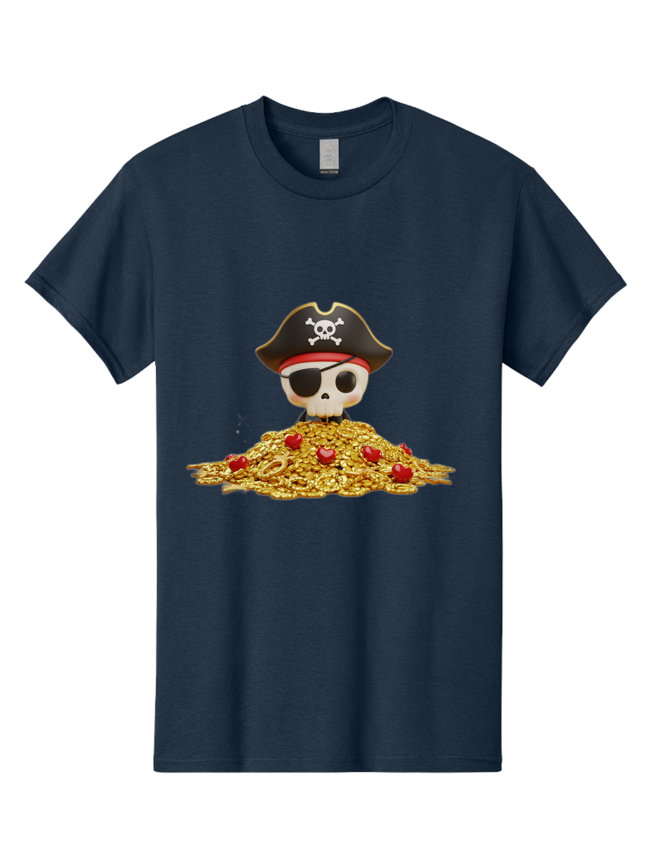 Pirate-Skull Men'S Graphic Tee, 100% Cotton, Comfortable Casual Summer Wear, Machine Washable, Pirate Skull, Treasure Pile, Gold Coins, Jewels, Eye Patch, Pirate Hat, Skull And Crossbones, Pirate Booty, Swashbuckling Adventure, Treasure Hunt, Bad442