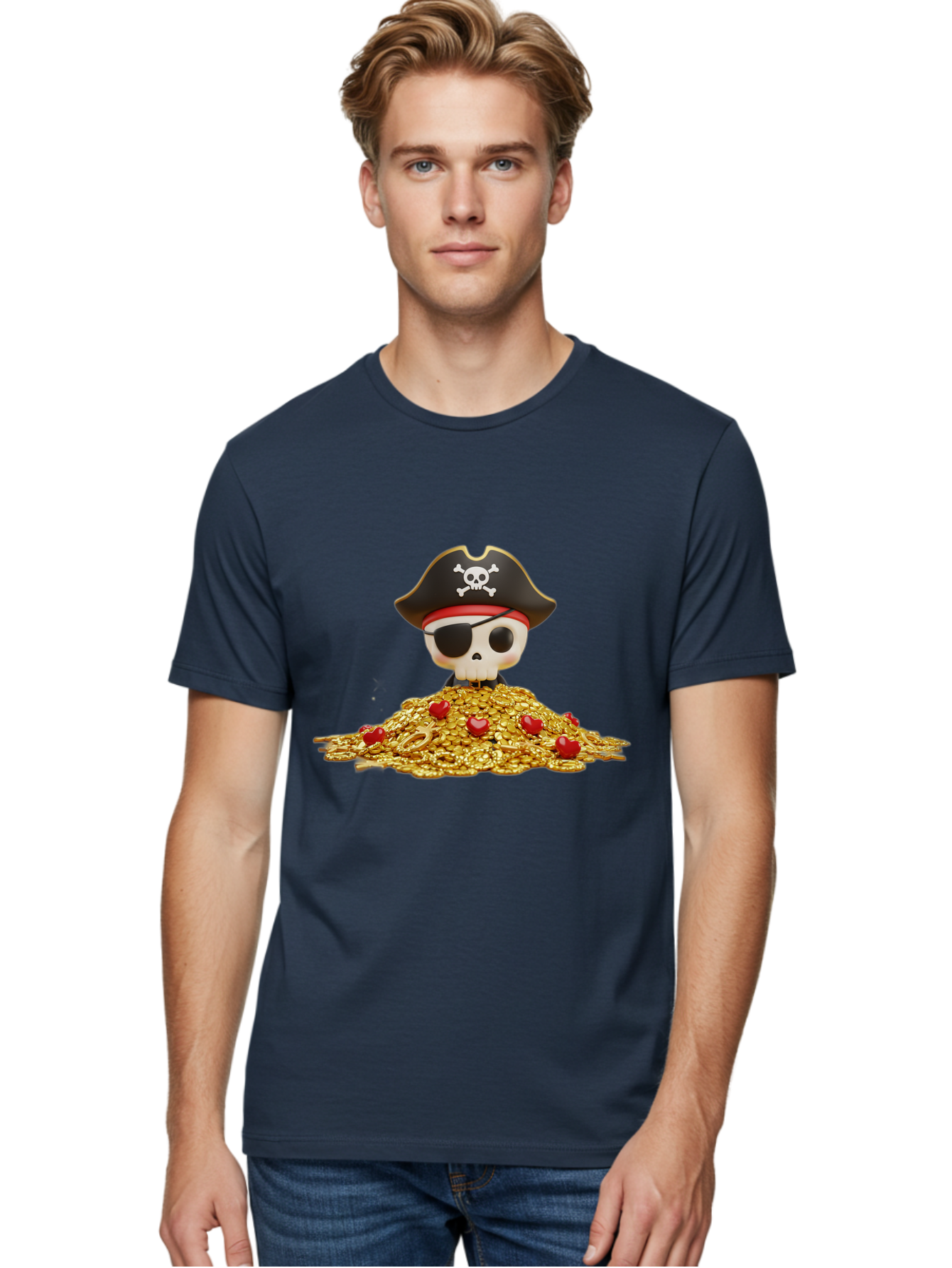 Pirate-Skull Men'S Graphic Tee, 100% Cotton, Comfortable Casual Summer Wear, Machine Washable, Pirate Skull, Treasure Pile, Gold Coins, Jewels, Eye Patch, Pirate Hat, Skull And Crossbones, Pirate Booty, Swashbuckling Adventure, Treasure Hunt, Bad442