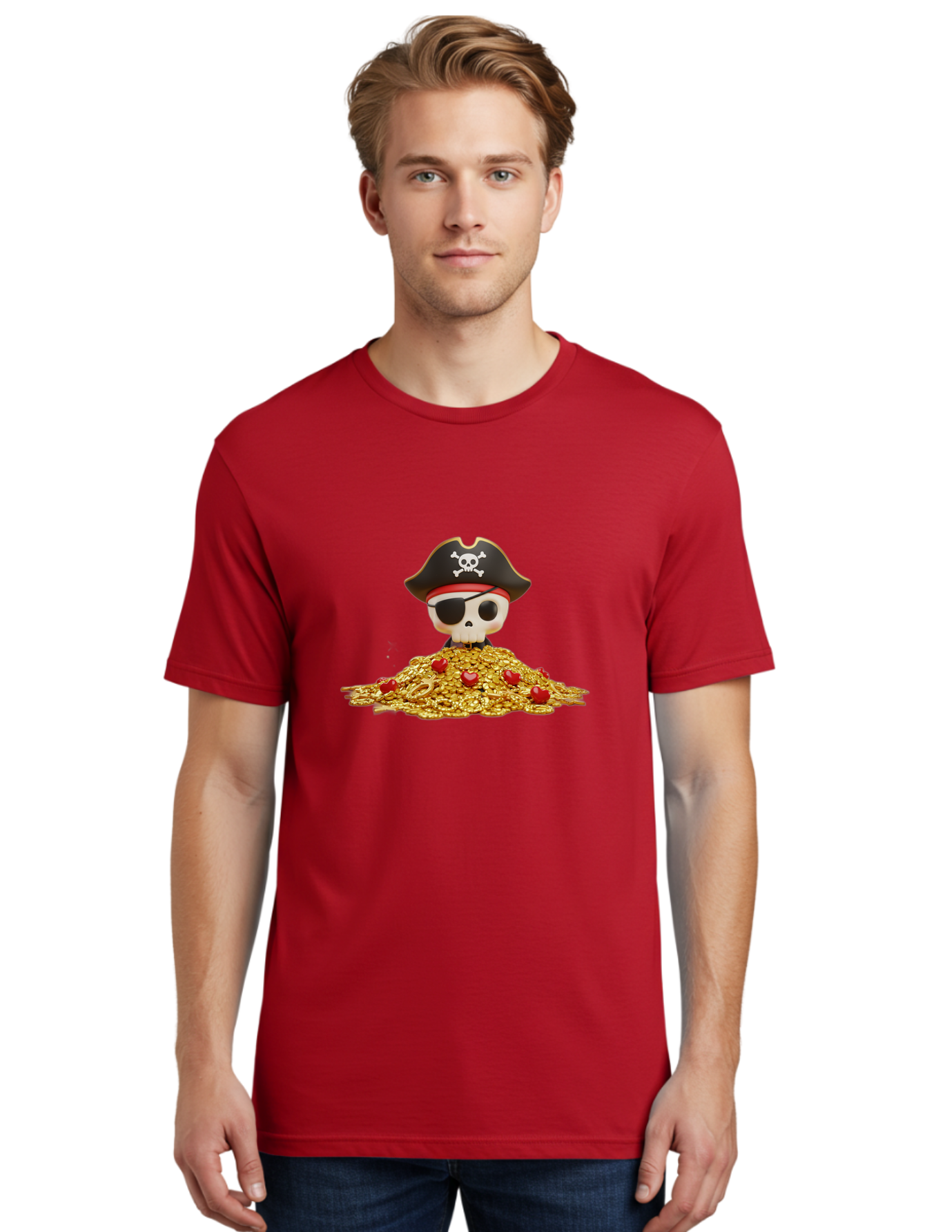 Pirate-Skull Men'S Graphic Tee, 100% Cotton, Comfortable Casual Summer Wear, Machine Washable, Pirate Skull, Treasure Pile, Gold Coins, Jewels, Eye Patch, Pirate Hat, Skull And Crossbones, Pirate Booty, Swashbuckling Adventure, Treasure Hunt, Bad442