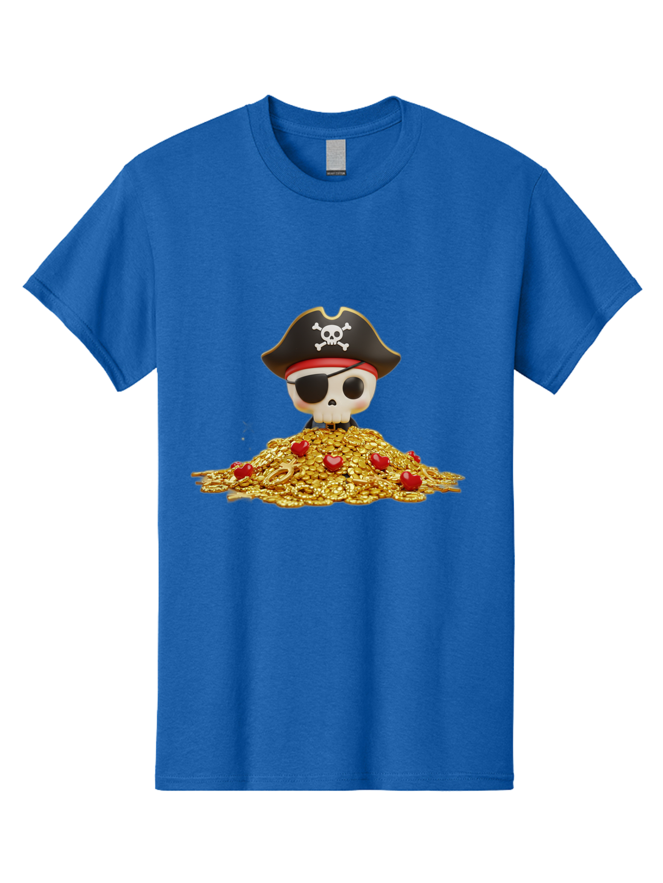 Pirate-Skull Men'S Graphic Tee, 100% Cotton, Comfortable Casual Summer Wear, Machine Washable, Pirate Skull, Treasure Pile, Gold Coins, Jewels, Eye Patch, Pirate Hat, Skull And Crossbones, Pirate Booty, Swashbuckling Adventure, Treasure Hunt, Bad442