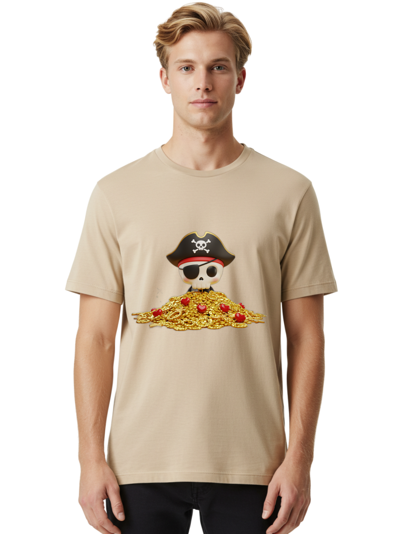 Pirate-Skull Men'S Graphic Tee, 100% Cotton, Comfortable Casual Summer Wear, Machine Washable, Pirate Skull, Treasure Pile, Gold Coins, Jewels, Eye Patch, Pirate Hat, Skull And Crossbones, Pirate Booty, Swashbuckling Adventure, Treasure Hunt, Bad442