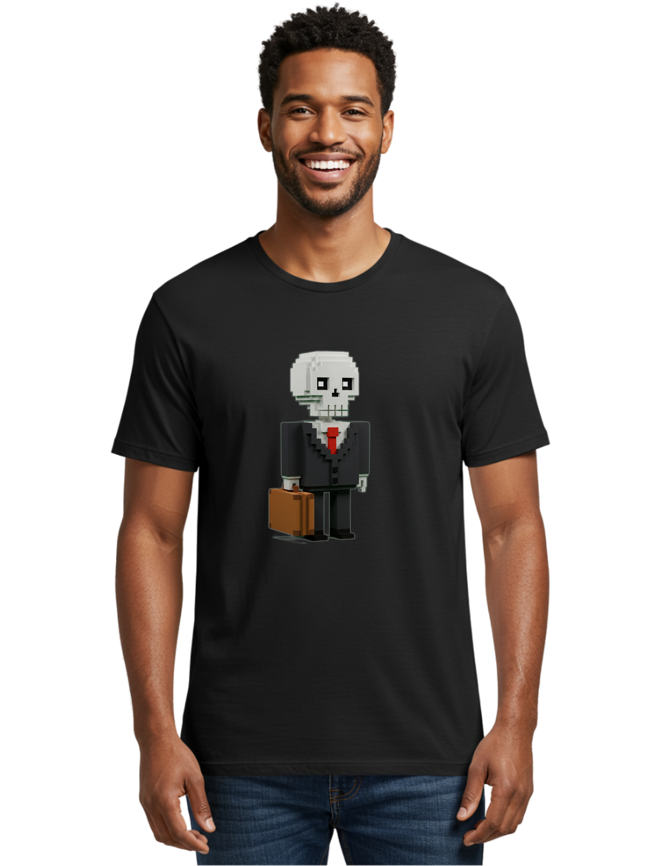 Pixel-Skull-Businessman Men'S Graphic Tee, 100% Cotton, Comfortable Casual Summer Wear, Machine Washable, Pixel Art Skeleton, Skull Character, Business Attire, Black Suit, Red Tie, Briefcase, Video Game Style, Cartoon Character, Bad443
