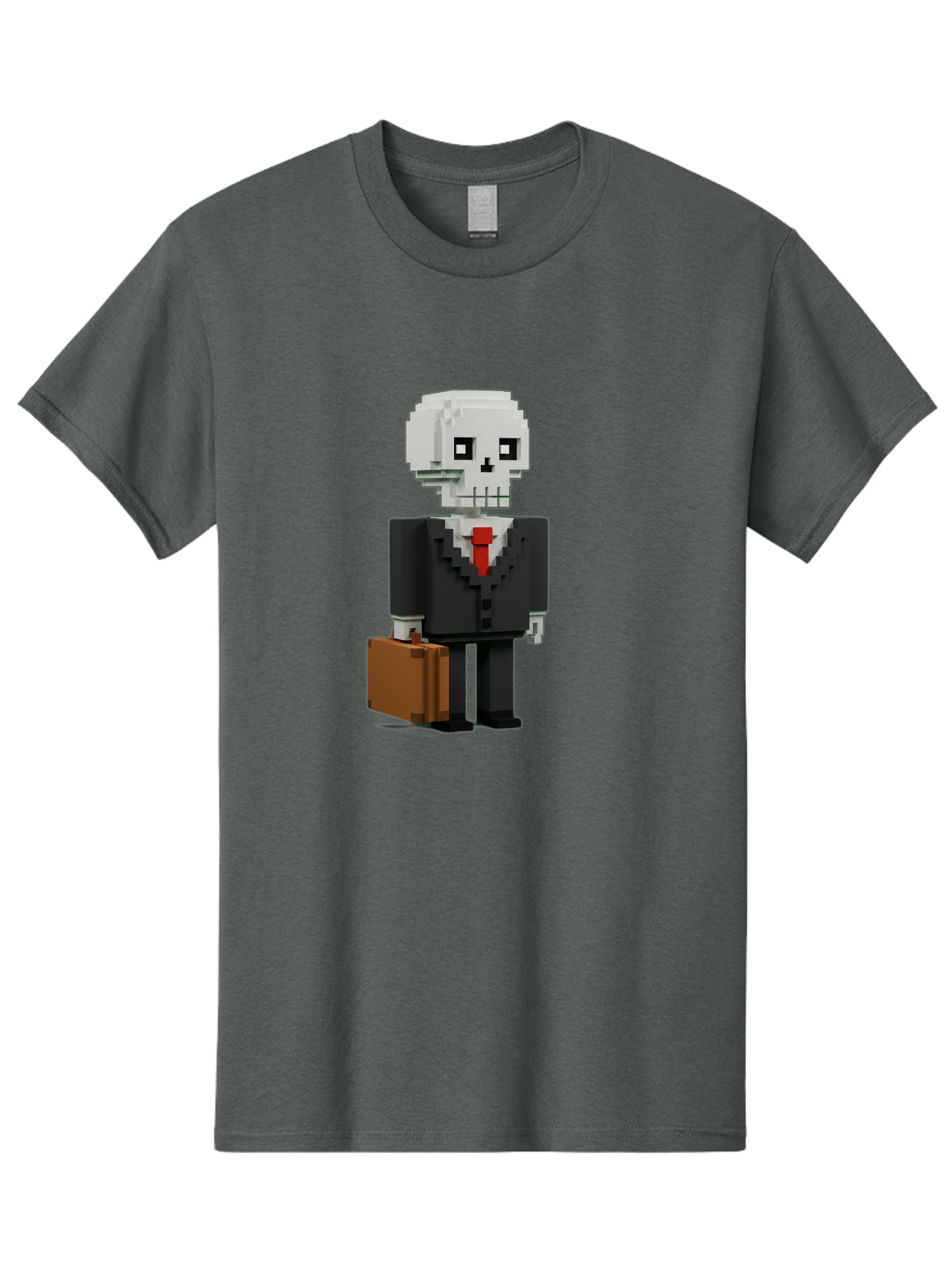 Pixel-Skull-Businessman Men'S Graphic Tee, 100% Cotton, Comfortable Casual Summer Wear, Machine Washable, Pixel Art Skeleton, Skull Character, Business Attire, Black Suit, Red Tie, Briefcase, Video Game Style, Cartoon Character, Bad443