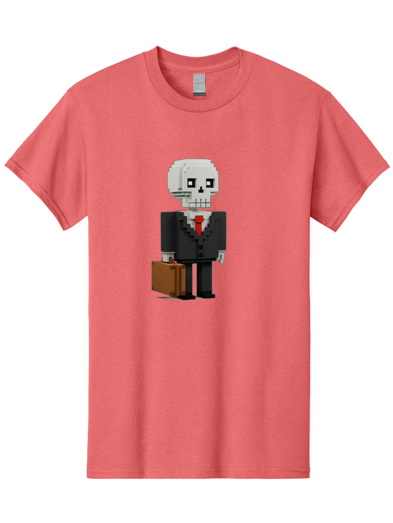 Pixel-Skull-Businessman Men'S Graphic Tee, 100% Cotton, Comfortable Casual Summer Wear, Machine Washable, Pixel Art Skeleton, Skull Character, Business Attire, Black Suit, Red Tie, Briefcase, Video Game Style, Cartoon Character, Bad443