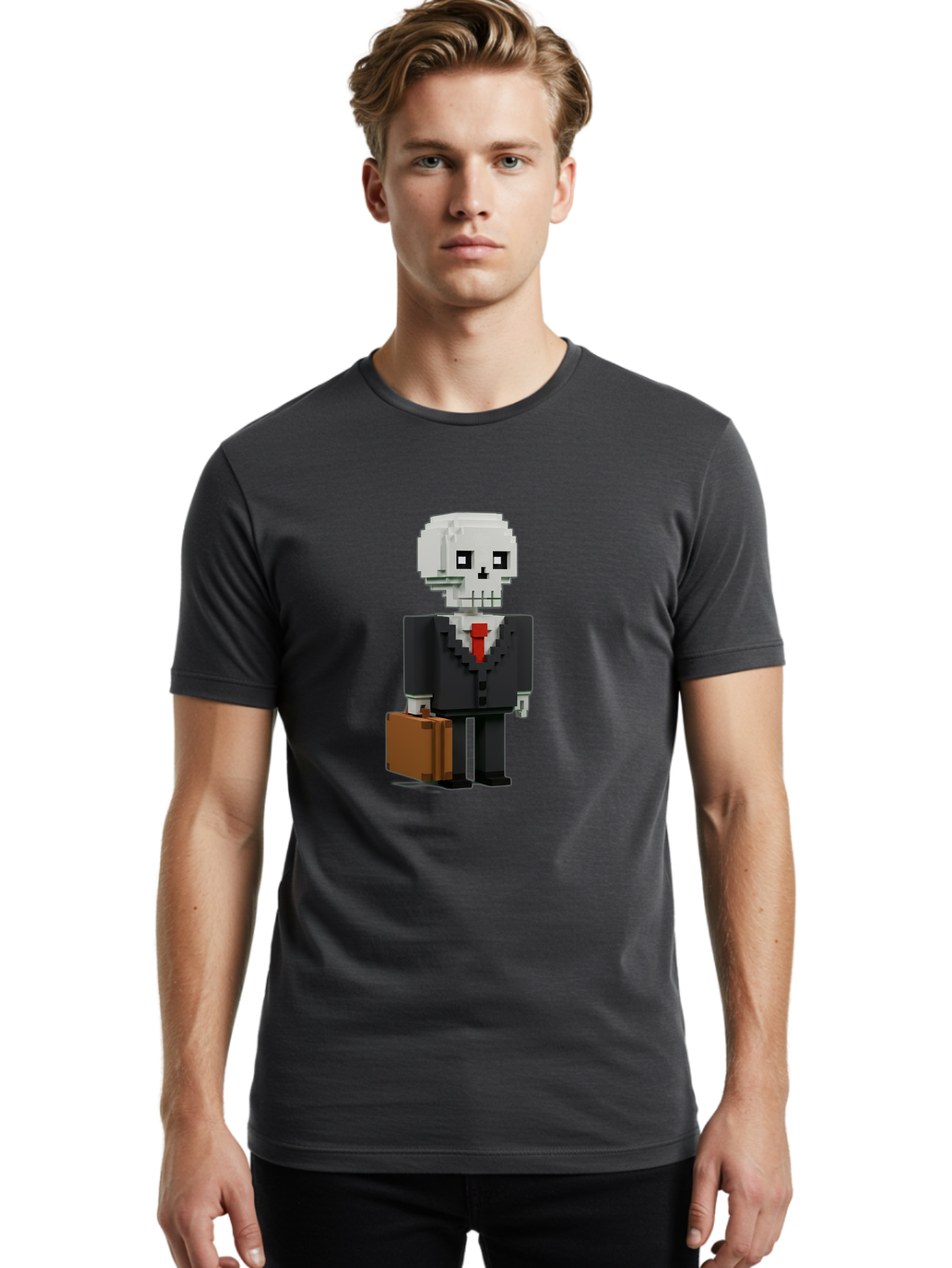 Pixel-Skull-Businessman Men'S Graphic Tee, 100% Cotton, Comfortable Casual Summer Wear, Machine Washable, Pixel Art Skeleton, Skull Character, Business Attire, Black Suit, Red Tie, Briefcase, Video Game Style, Cartoon Character, Bad443