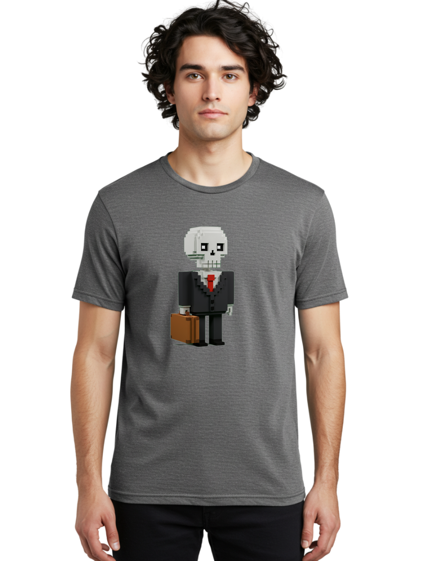 Pixel-Skull-Businessman Men'S Graphic Tee, 100% Cotton, Comfortable Casual Summer Wear, Machine Washable, Pixel Art Skeleton, Skull Character, Business Attire, Black Suit, Red Tie, Briefcase, Video Game Style, Cartoon Character, Bad443