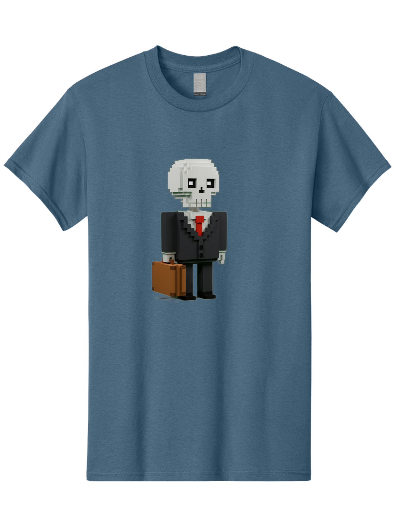 Pixel-Skull-Businessman Men'S Graphic Tee, 100% Cotton, Comfortable Casual Summer Wear, Machine Washable, Pixel Art Skeleton, Skull Character, Business Attire, Black Suit, Red Tie, Briefcase, Video Game Style, Cartoon Character, Bad443
