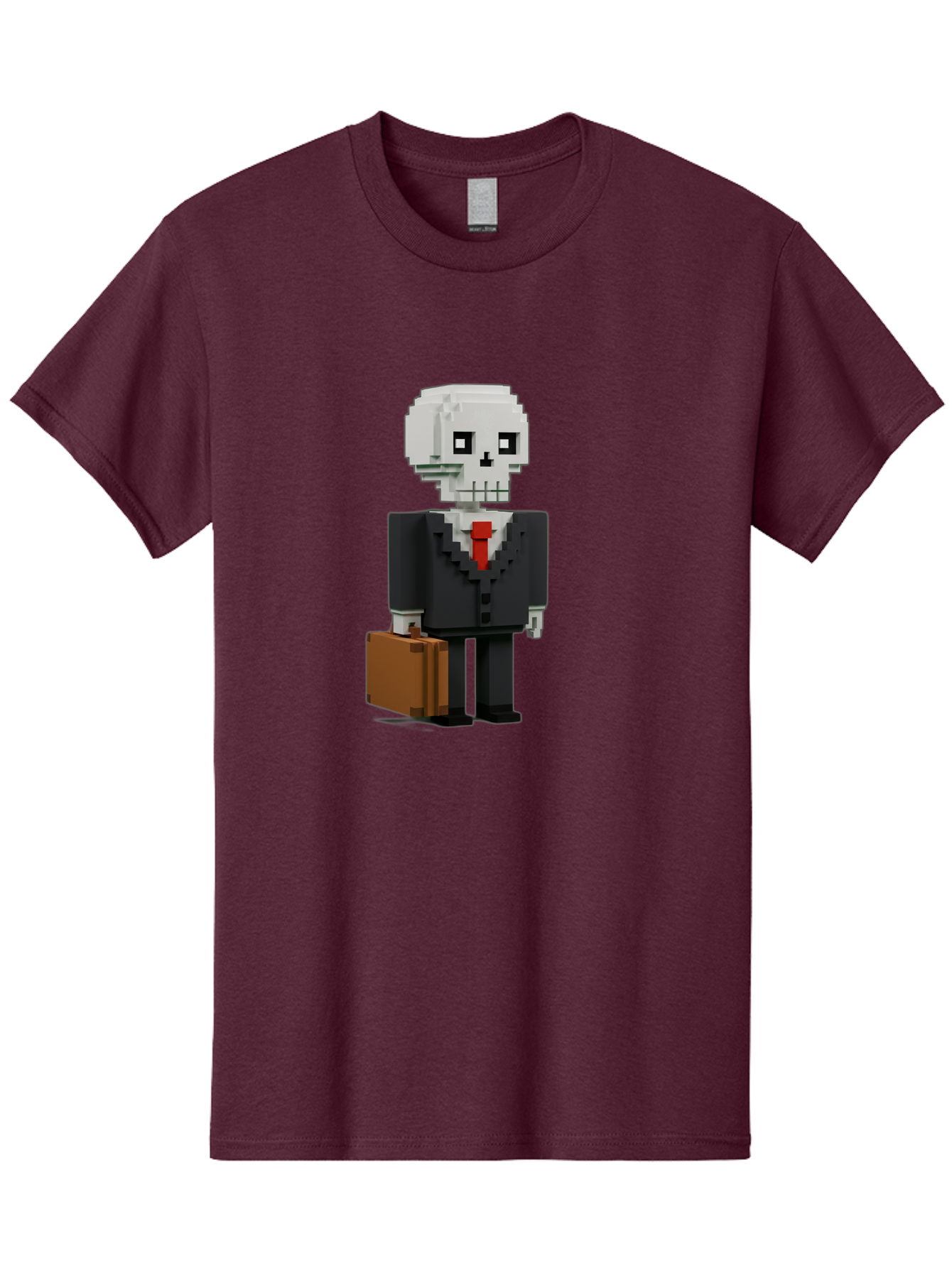 Pixel-Skull-Businessman Men'S Graphic Tee, 100% Cotton, Comfortable Casual Summer Wear, Machine Washable, Pixel Art Skeleton, Skull Character, Business Attire, Black Suit, Red Tie, Briefcase, Video Game Style, Cartoon Character, Bad443