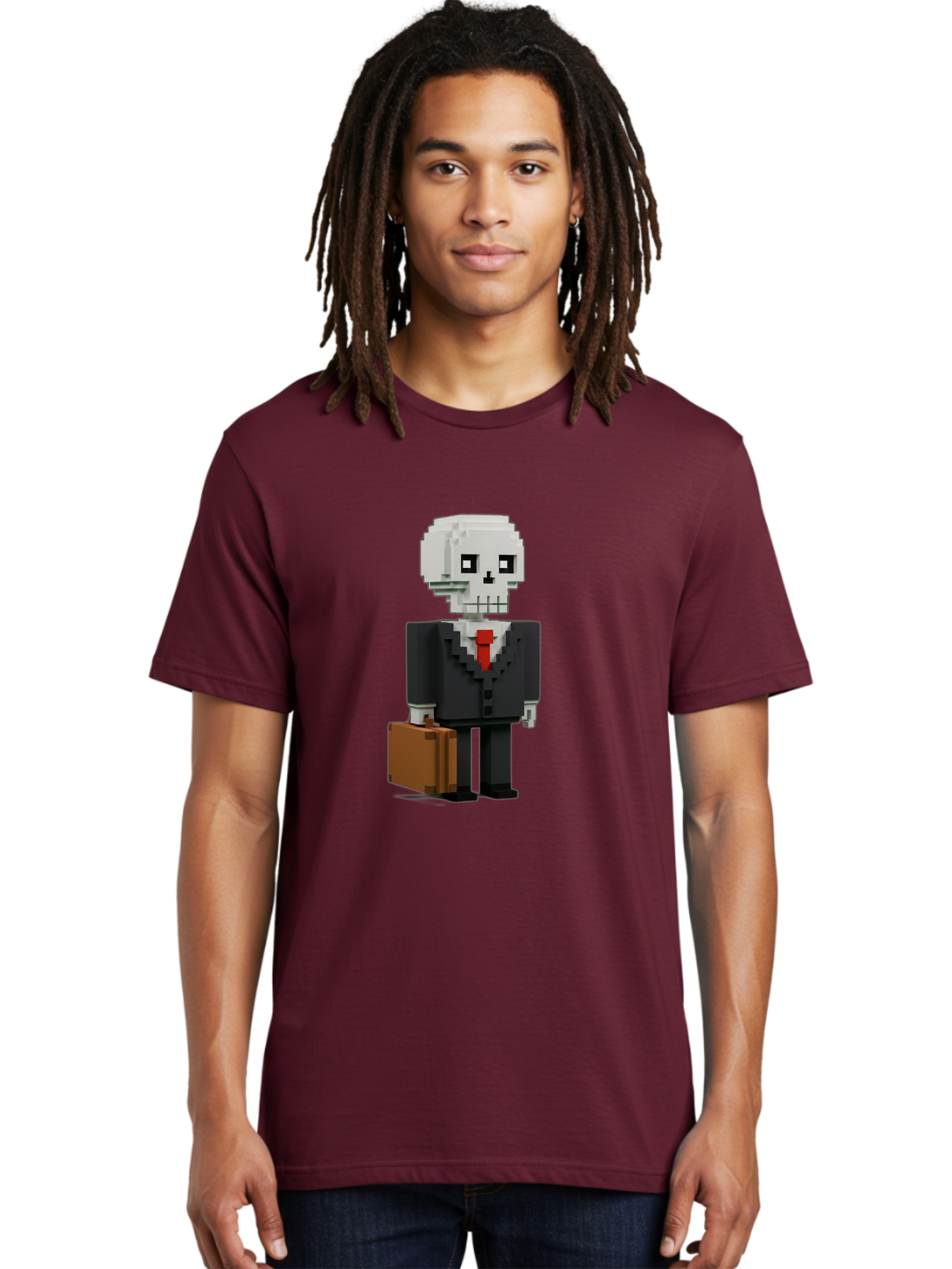 Pixel-Skull-Businessman Men'S Graphic Tee, 100% Cotton, Comfortable Casual Summer Wear, Machine Washable, Pixel Art Skeleton, Skull Character, Business Attire, Black Suit, Red Tie, Briefcase, Video Game Style, Cartoon Character, Bad443