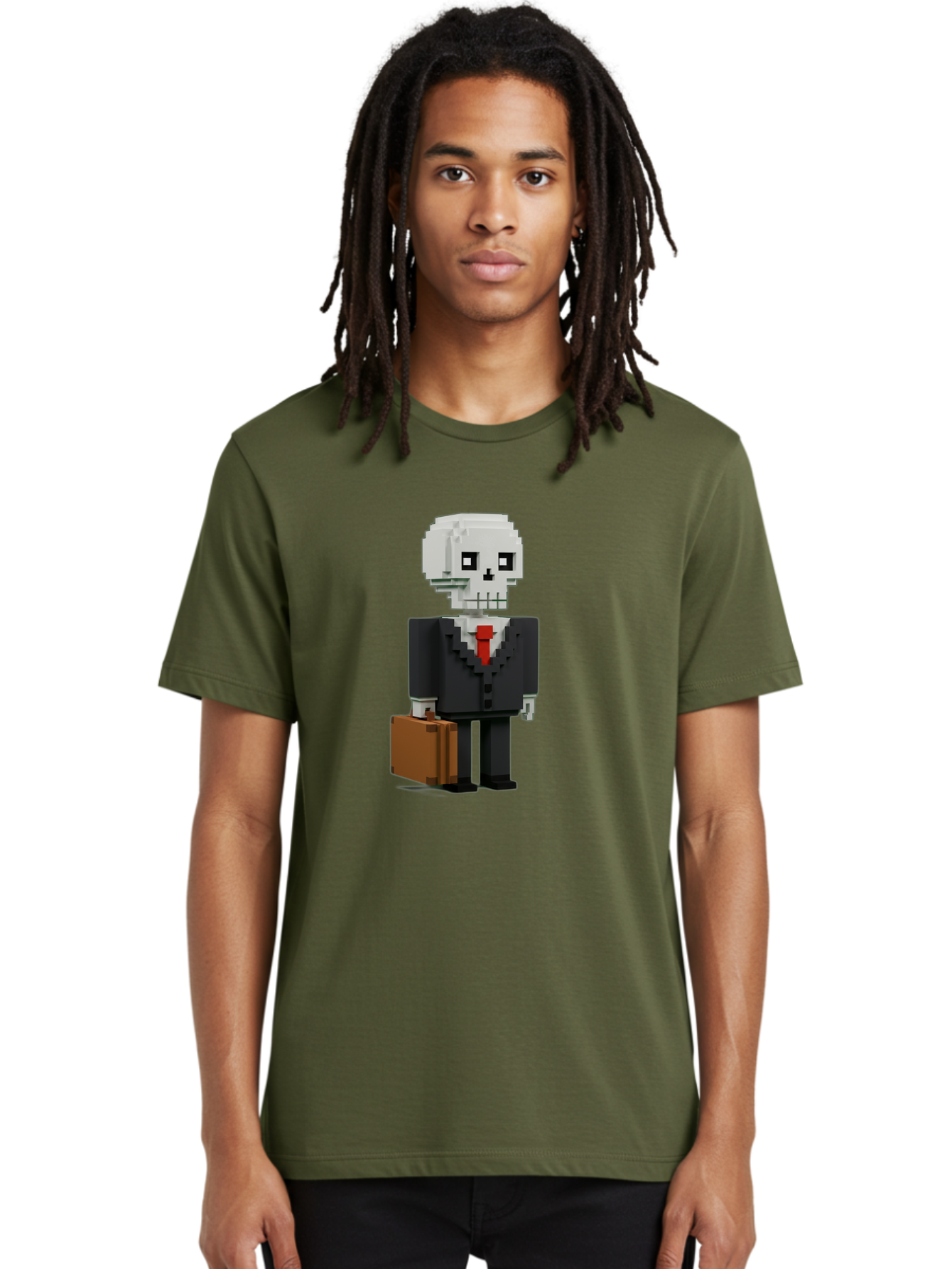 Pixel-Skull-Businessman Men'S Graphic Tee, 100% Cotton, Comfortable Casual Summer Wear, Machine Washable, Pixel Art Skeleton, Skull Character, Business Attire, Black Suit, Red Tie, Briefcase, Video Game Style, Cartoon Character, Bad443