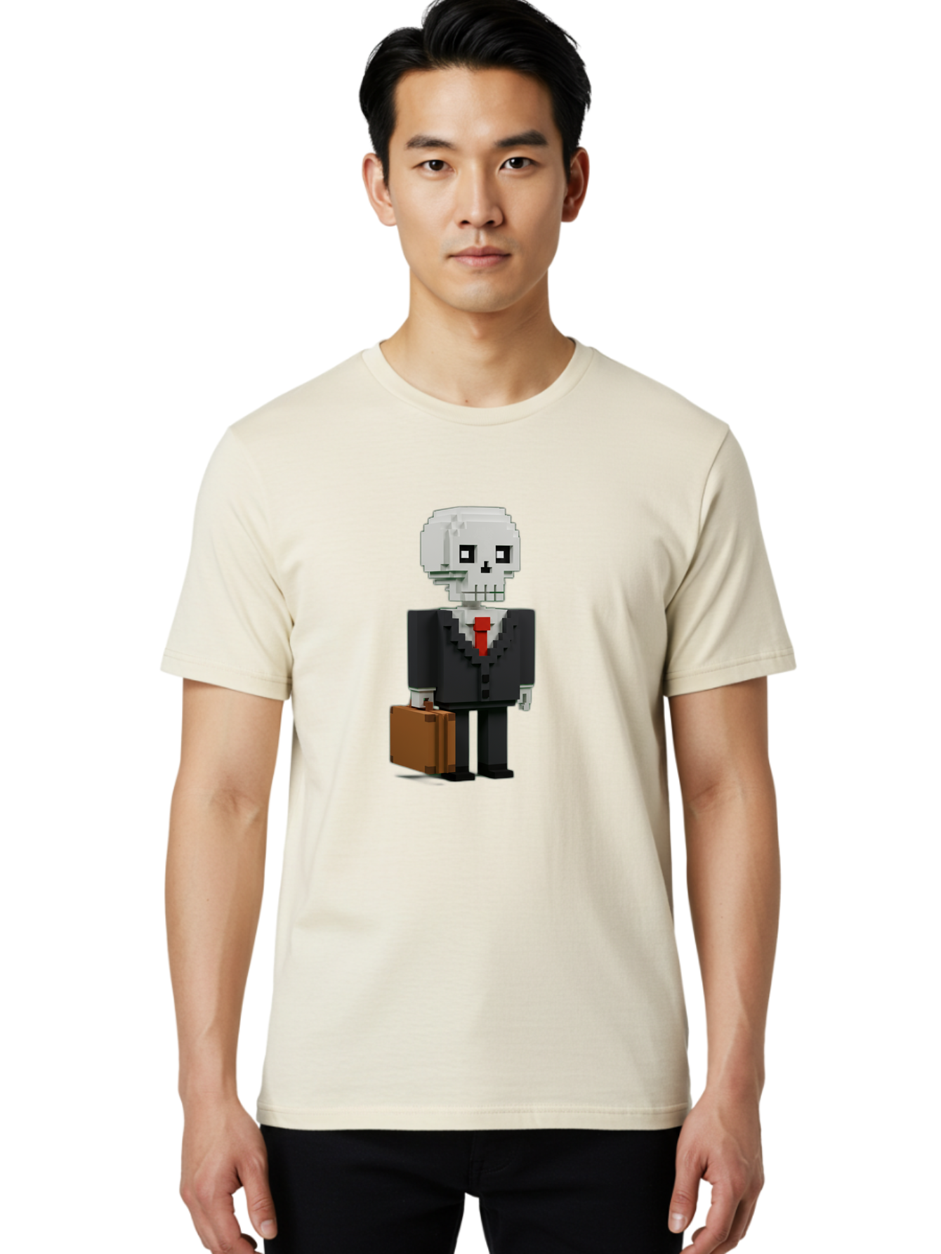 Pixel-Skull-Businessman Men'S Graphic Tee, 100% Cotton, Comfortable Casual Summer Wear, Machine Washable, Pixel Art Skeleton, Skull Character, Business Attire, Black Suit, Red Tie, Briefcase, Video Game Style, Cartoon Character, Bad443