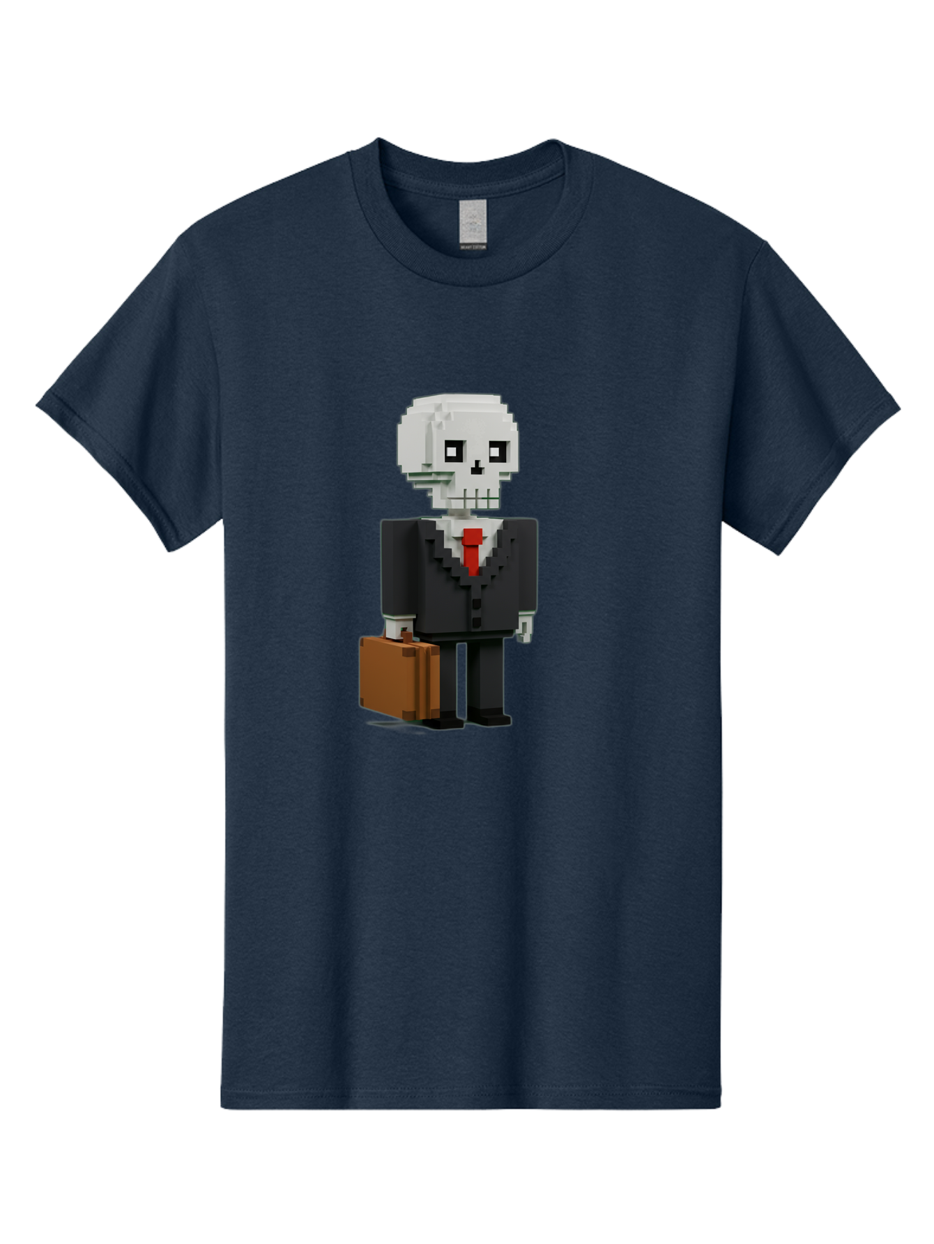 Pixel-Skull-Businessman Men'S Graphic Tee, 100% Cotton, Comfortable Casual Summer Wear, Machine Washable, Pixel Art Skeleton, Skull Character, Business Attire, Black Suit, Red Tie, Briefcase, Video Game Style, Cartoon Character, Bad443