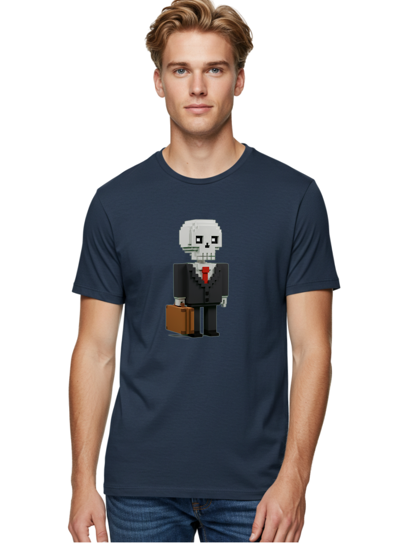 Pixel-Skull-Businessman Men'S Graphic Tee, 100% Cotton, Comfortable Casual Summer Wear, Machine Washable, Pixel Art Skeleton, Skull Character, Business Attire, Black Suit, Red Tie, Briefcase, Video Game Style, Cartoon Character, Bad443