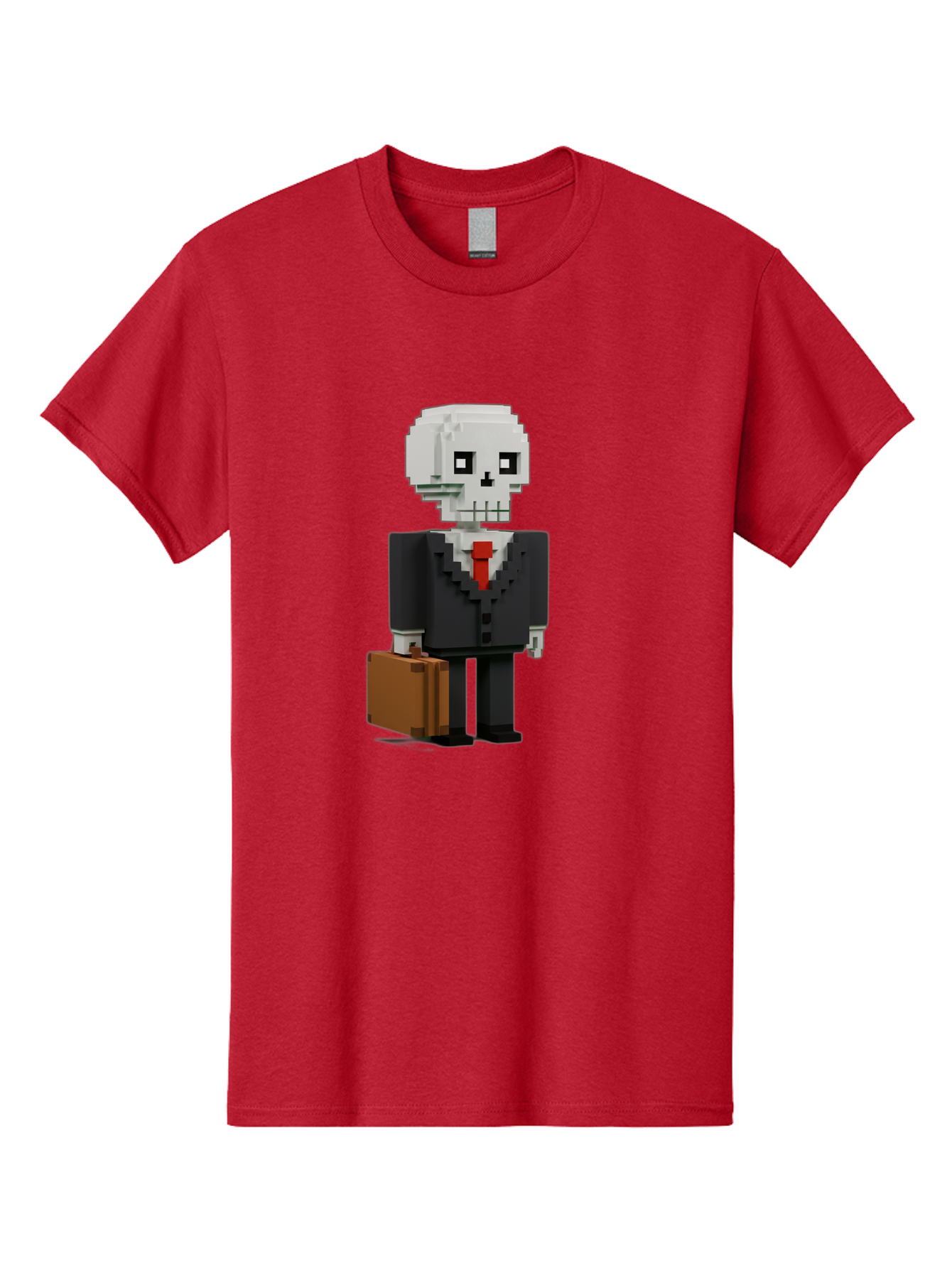 Pixel-Skull-Businessman Men'S Graphic Tee, 100% Cotton, Comfortable Casual Summer Wear, Machine Washable, Pixel Art Skeleton, Skull Character, Business Attire, Black Suit, Red Tie, Briefcase, Video Game Style, Cartoon Character, Bad443
