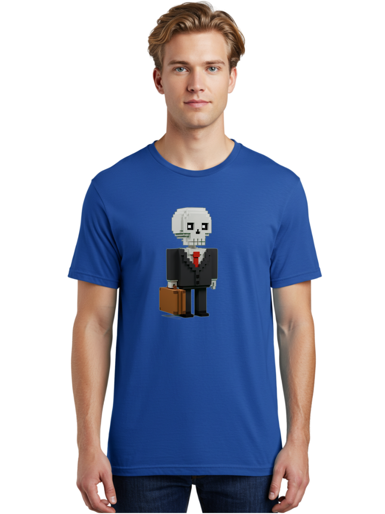 Pixel-Skull-Businessman Men'S Graphic Tee, 100% Cotton, Comfortable Casual Summer Wear, Machine Washable, Pixel Art Skeleton, Skull Character, Business Attire, Black Suit, Red Tie, Briefcase, Video Game Style, Cartoon Character, Bad443