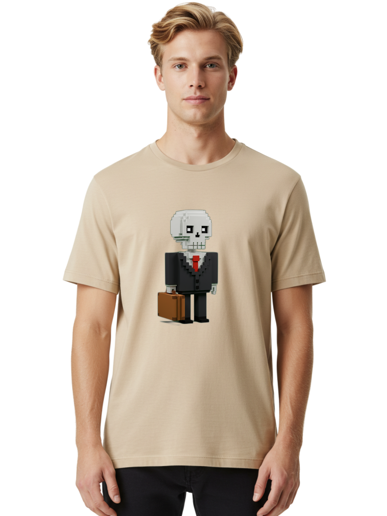 Pixel-Skull-Businessman Men'S Graphic Tee, 100% Cotton, Comfortable Casual Summer Wear, Machine Washable, Pixel Art Skeleton, Skull Character, Business Attire, Black Suit, Red Tie, Briefcase, Video Game Style, Cartoon Character, Bad443