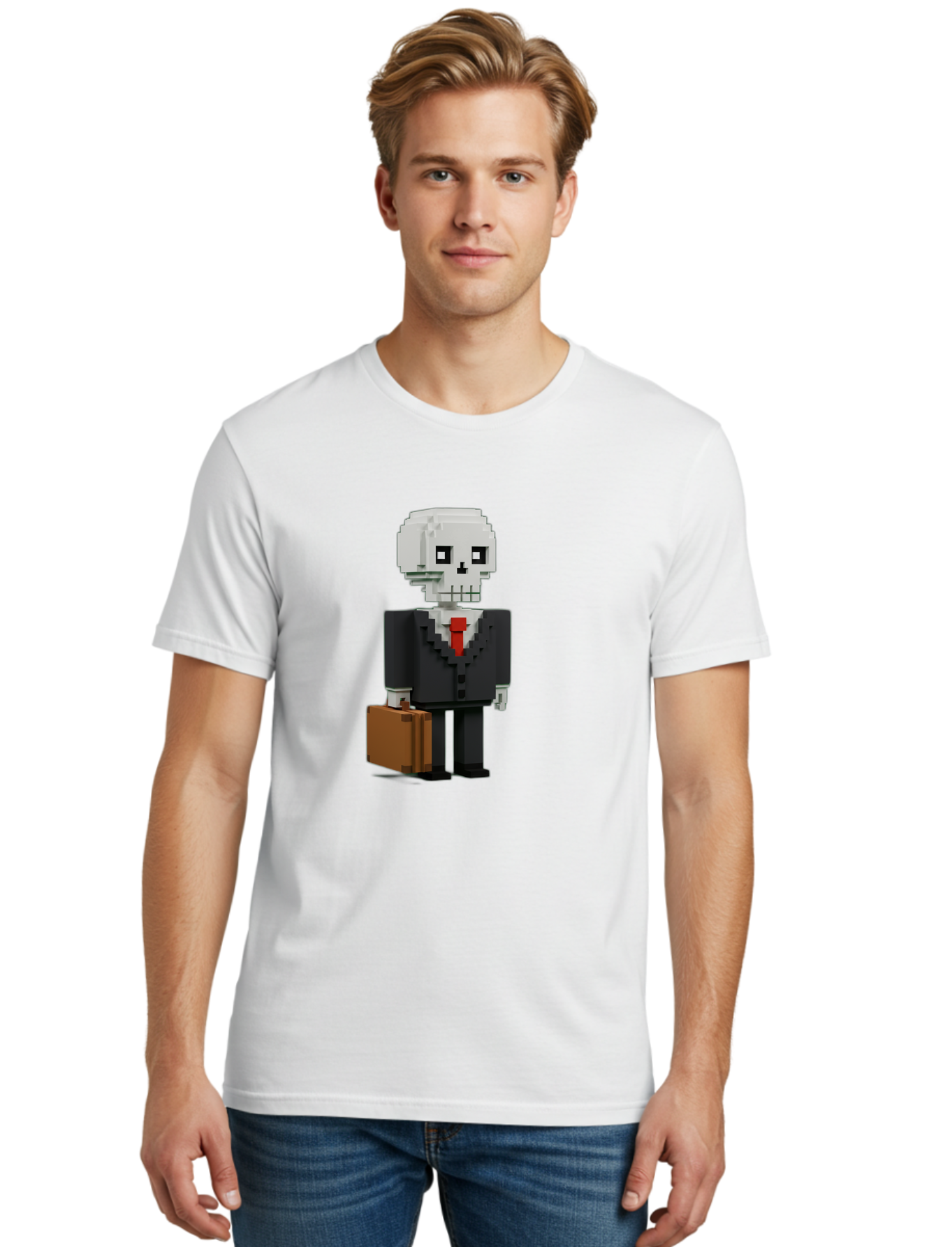 Pixel-Skull-Businessman Men'S Graphic Tee, 100% Cotton, Comfortable Casual Summer Wear, Machine Washable, Pixel Art Skeleton, Skull Character, Business Attire, Black Suit, Red Tie, Briefcase, Video Game Style, Cartoon Character, Bad443