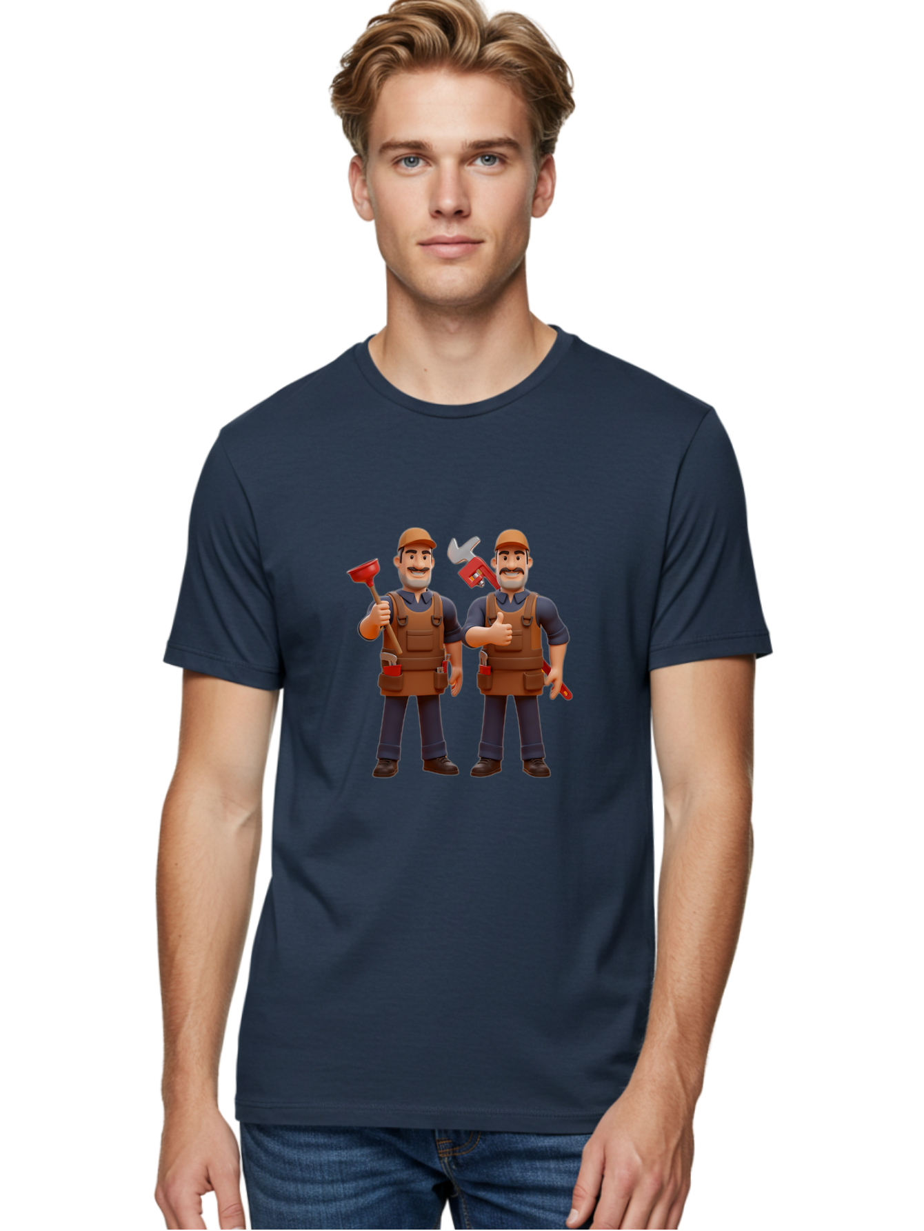 Plumber-Characters Men'S Graphic Tee, 100% Cotton, Comfortable Casual Summer Wear, Machine Washable, Cartoon Plumbers, Plumbing Tools, Handyman Services, Pipe Wrench, Plunger, Thumbs Up, Plumbing Maintenance, Repair Work, Diy Plumbing Bad445