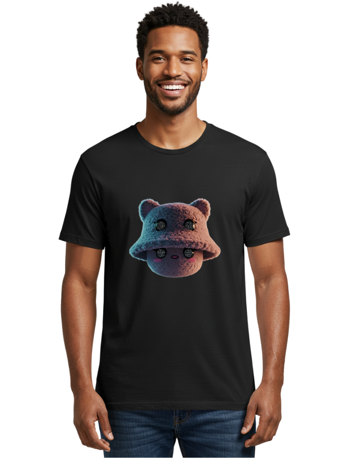 Plushie-Character Men'S Graphic Tee, 100% Cotton, Comfortable Casual Summer Wear, Machine Washable, Cute Cartoon Character, Fluffy Teddy Bear, Kawaii Plush Toy, Round Face, Sparkly Eyes, Soft Pink Cheeks, Funny Expression, Endearing Design, Bad447
